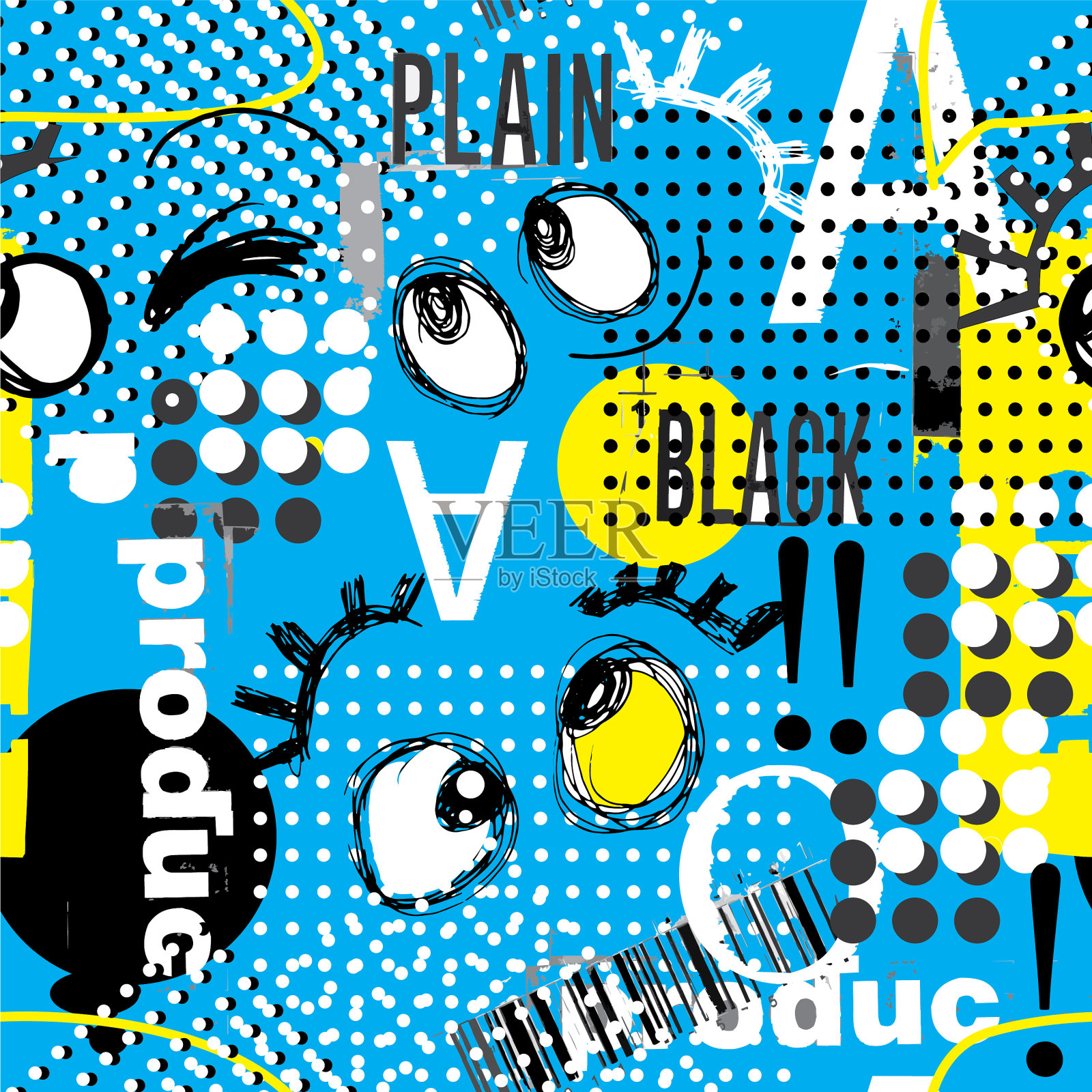 疯狂的眼睛，眉毛，题字和几何插画图片素材