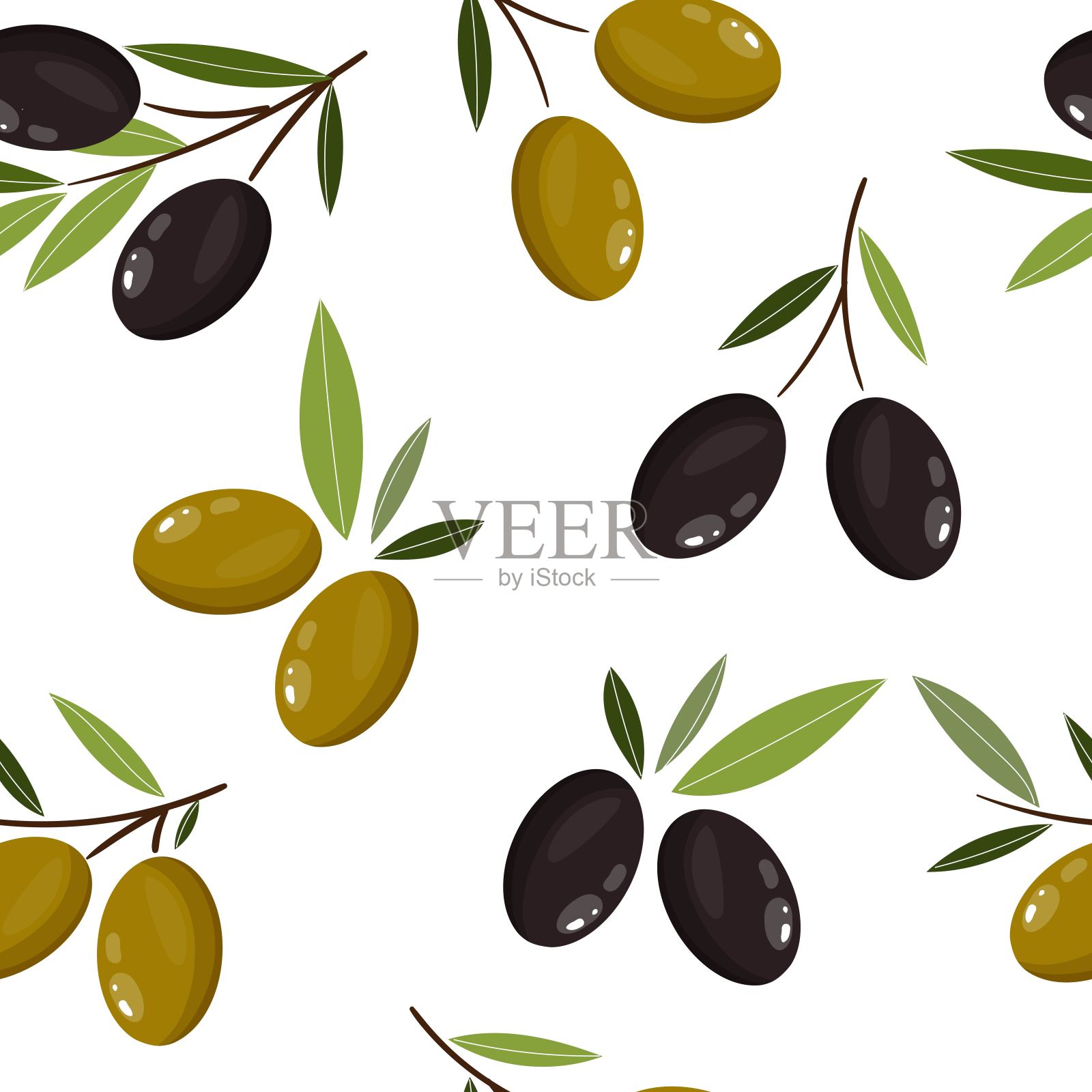 无缝矢量模式与黑色和绿色橄榄，叶子。橄榄树枝。插画图片素材
