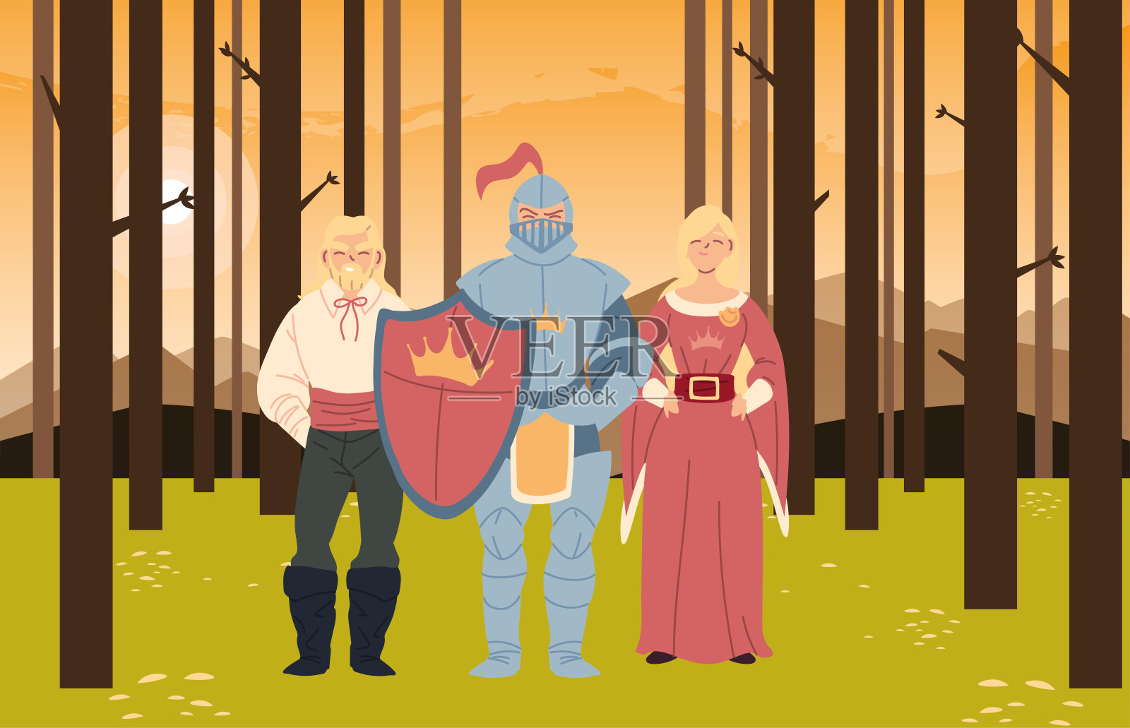 中世纪女性骑士和王子在森林矢量设计插画图片素材