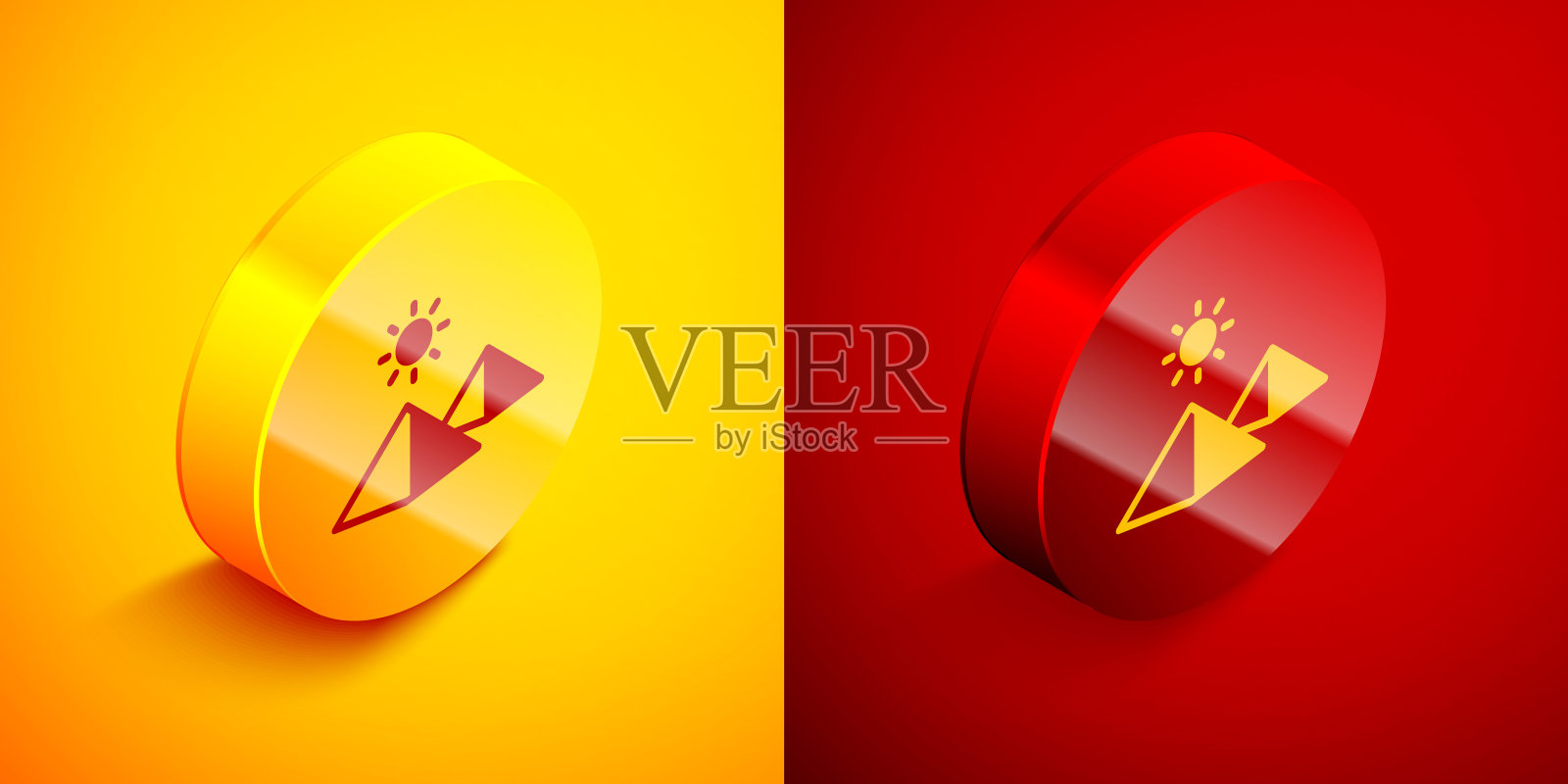 等距埃及金字塔图标孤立在橙色和红色的背景。古埃及的象征。圆按钮。向量图标素材