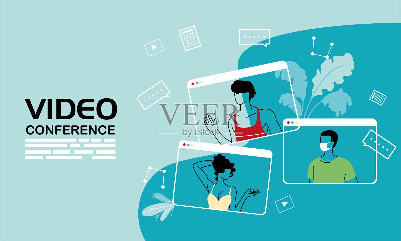 戴着口罩参加视频会议的人插画图片素材