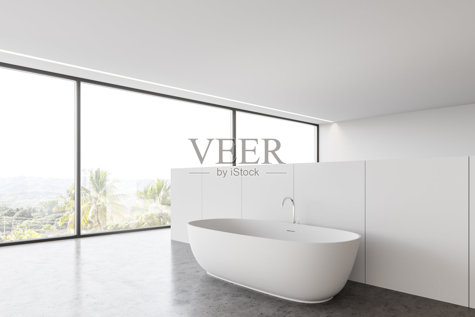 全景白色浴室角落与浴缸照片摄影图片