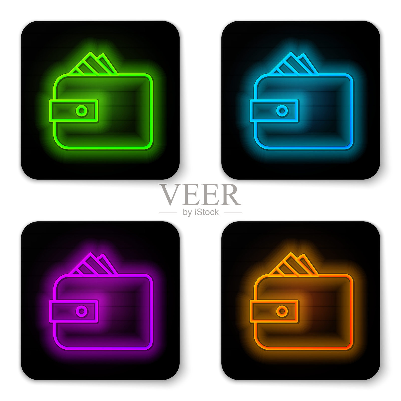 发光的霓虹灯线钱包与堆栈纸币现金图标孤立在白色的背景。钱包图标。现金储蓄的象征。黑色方形按钮。矢量图图标素材