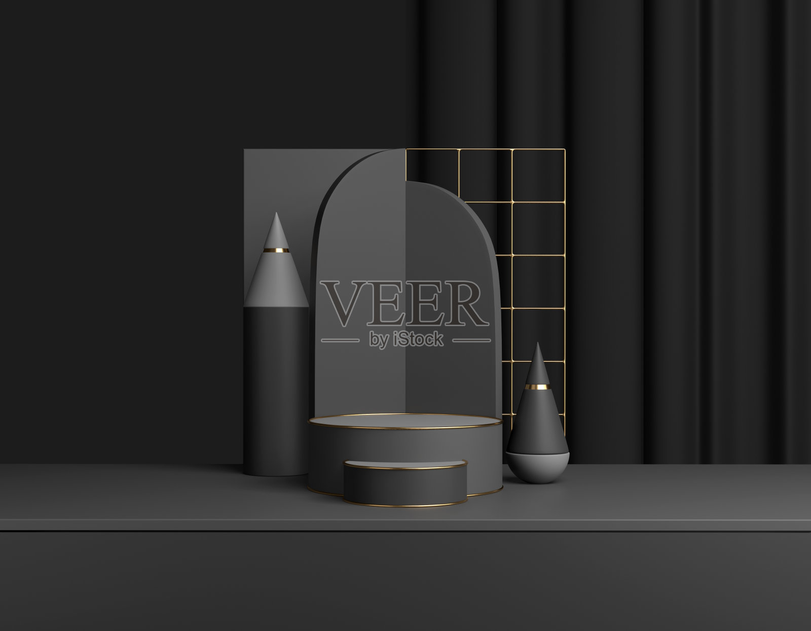 抽象黑色产品显示。黑暗的讲台，最小的几何形状。三维渲染照片摄影图片