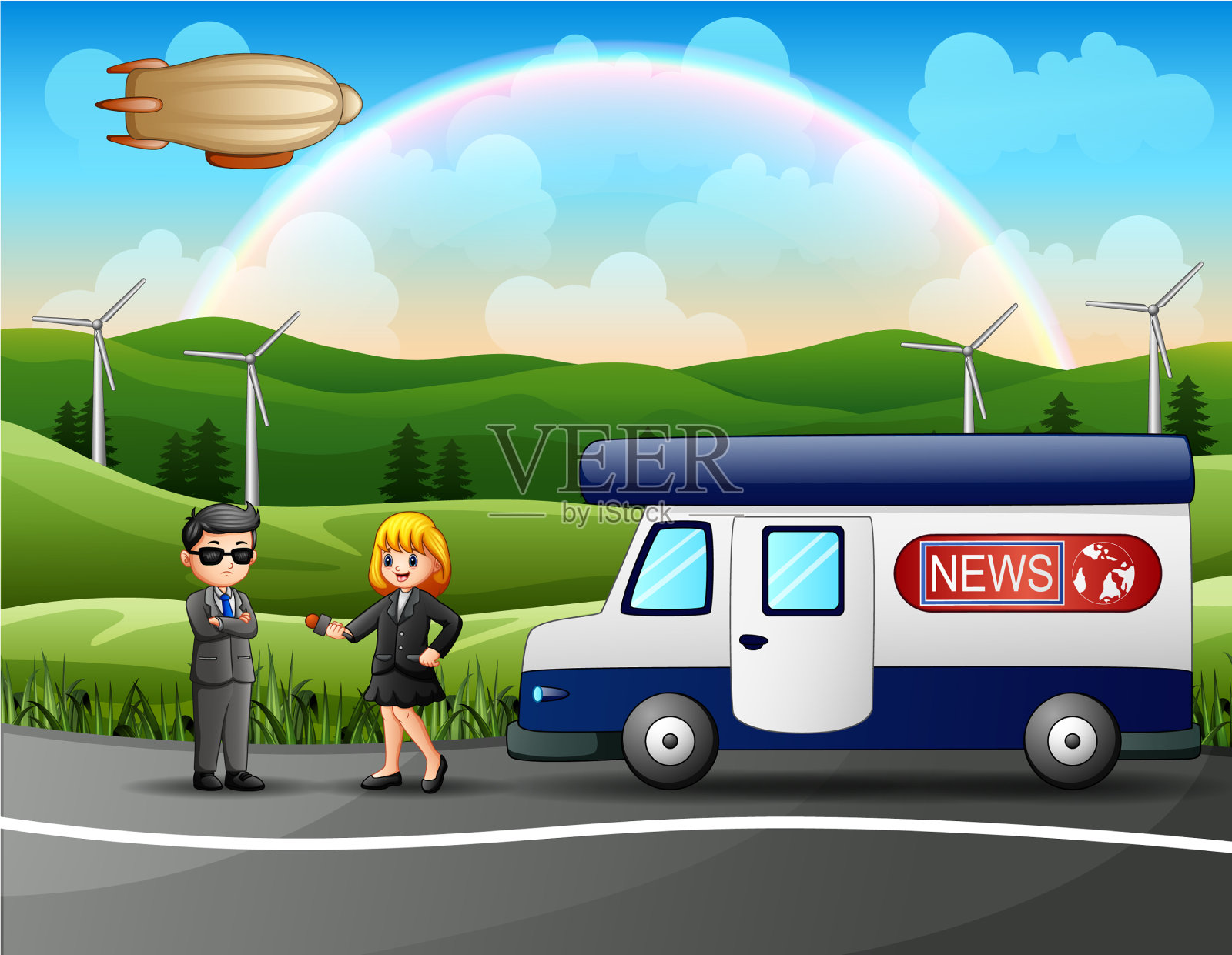 一个拿着麦克风的女记者采访了一个男人插画图片素材