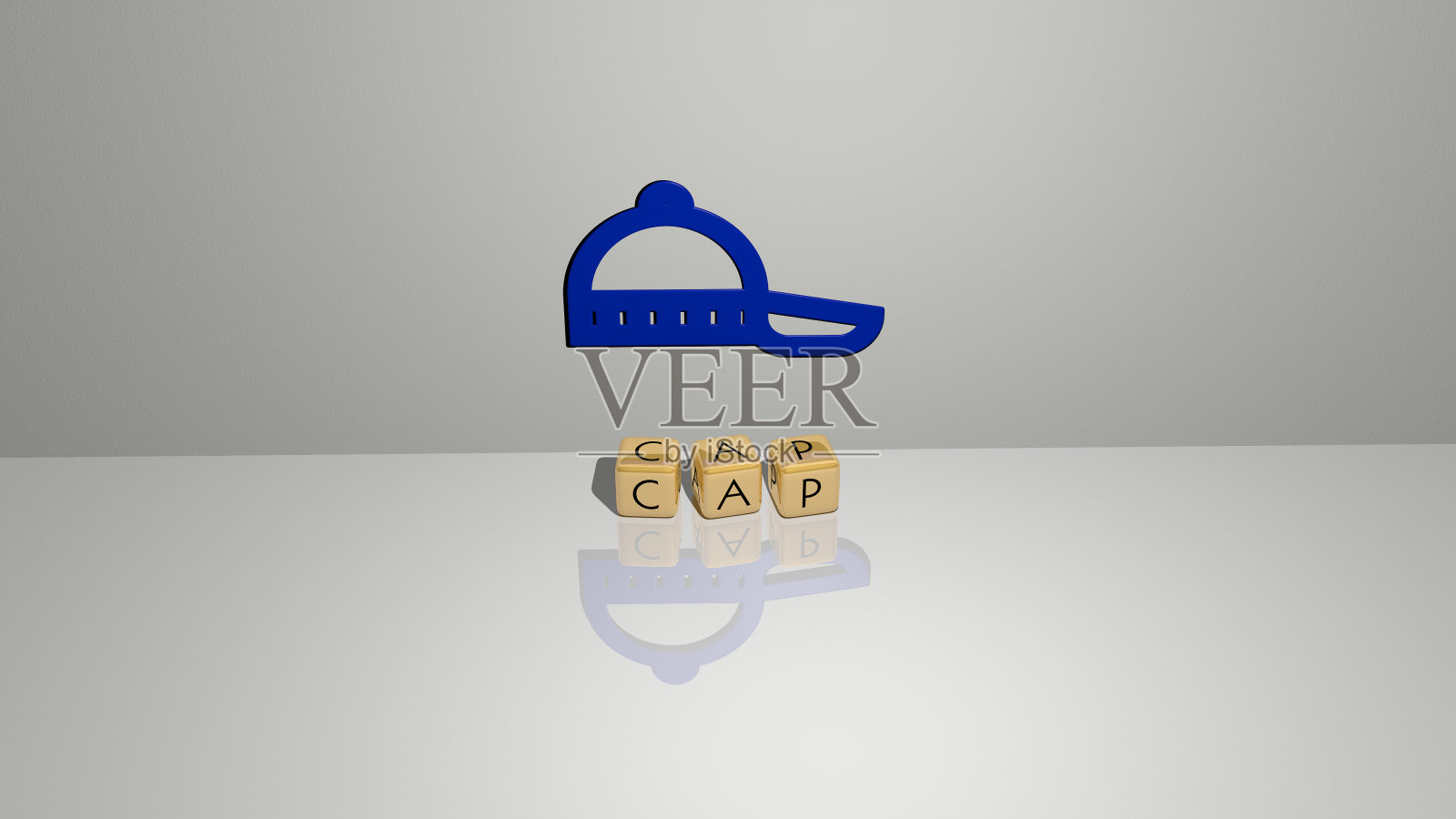 帽的图形和文本的三维插图由金属骰子字母为相关的含义的概念和陈述。背景和白色照片摄影图片