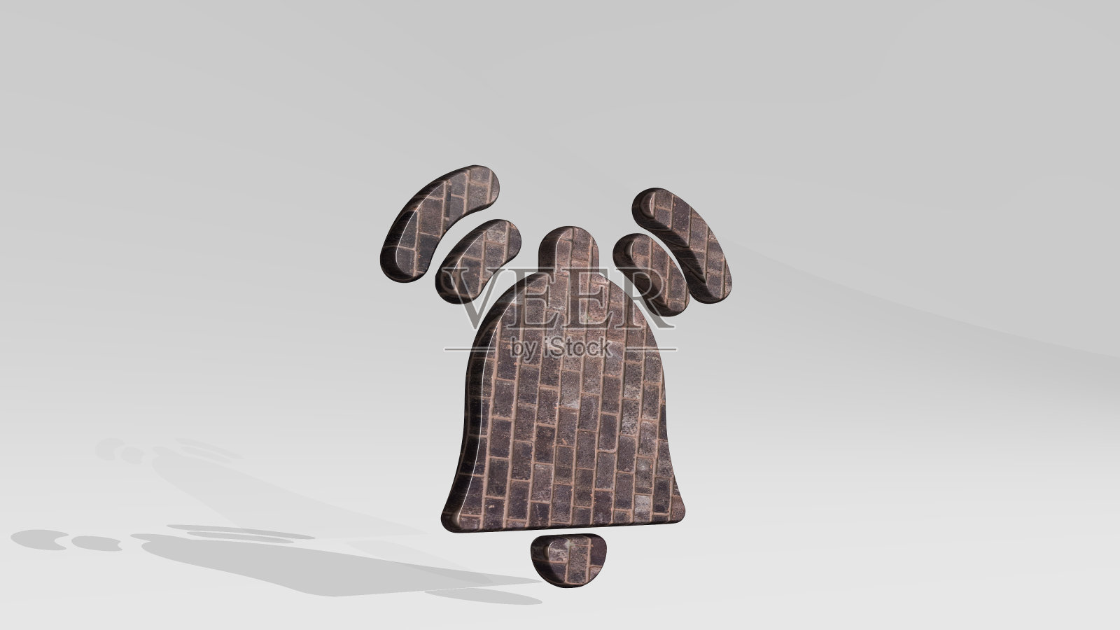 警铃响了，投下两盏灯的影子。金属雕塑的3D插图在一个白色的背景与温和的纹理。时钟和概念照片摄影图片