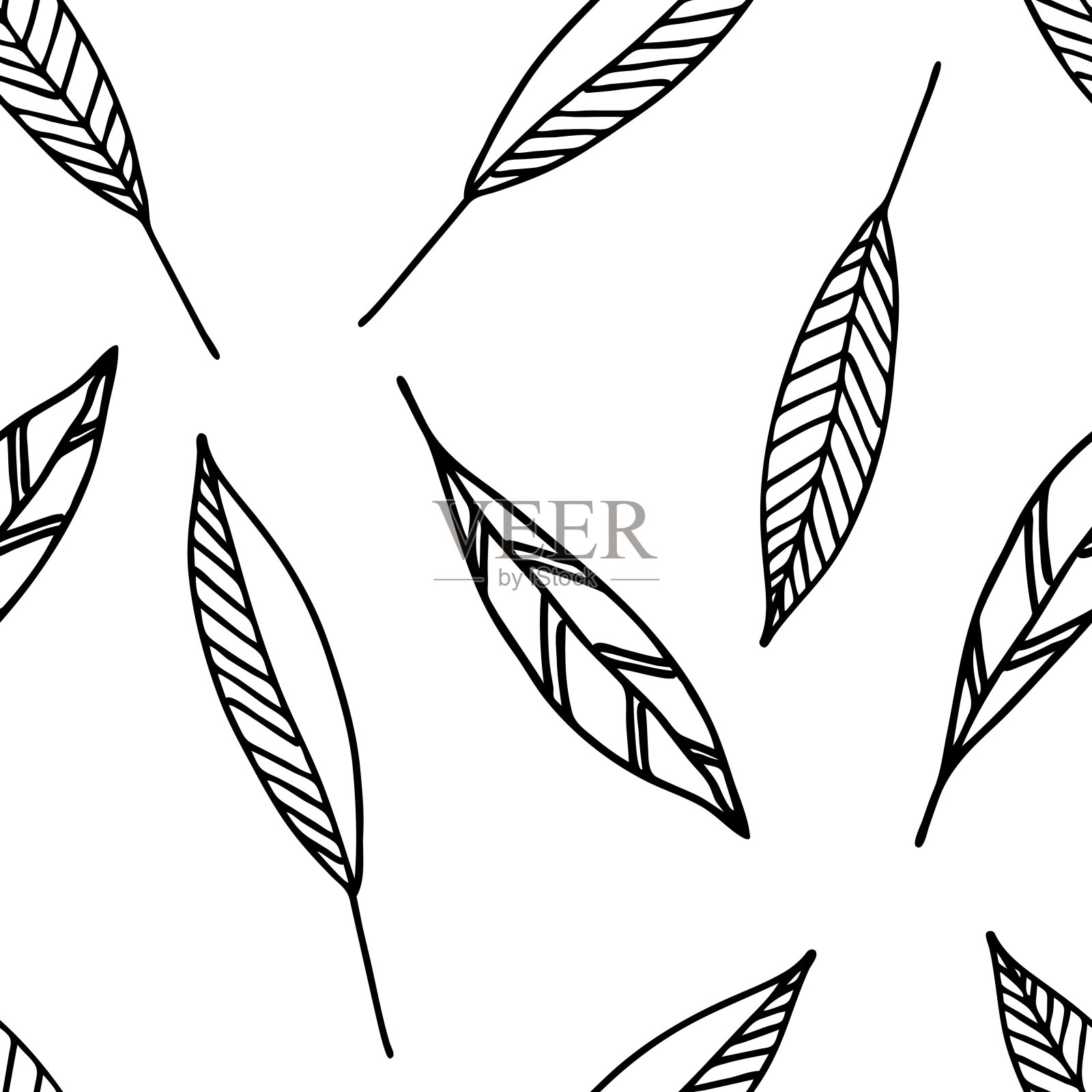 矢量插图的黑色涂鸦树叶孤立在白色背景，无缝模式插画图片素材