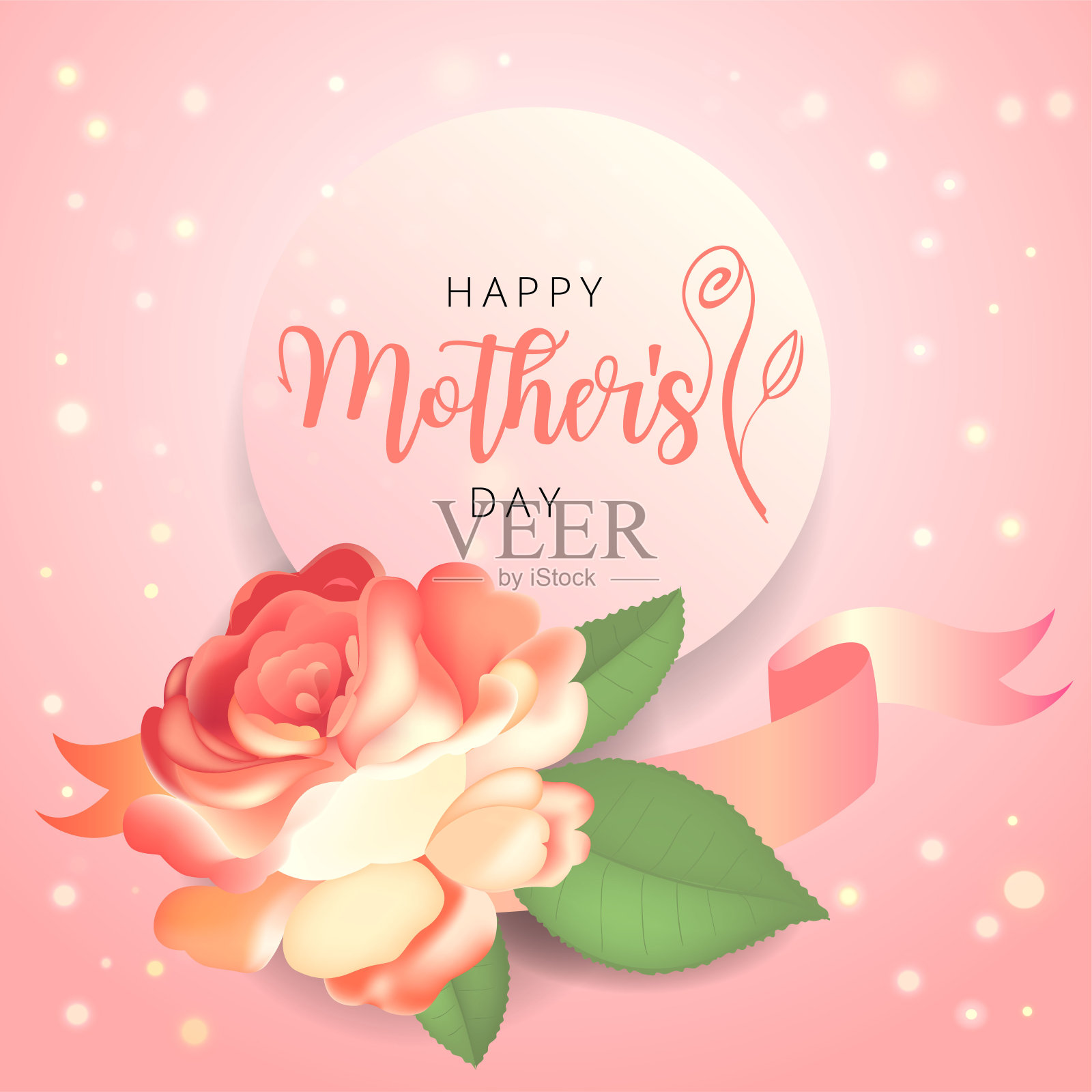 母亲节贺卡上有美丽的花园玫瑰和树叶。设计模板素材