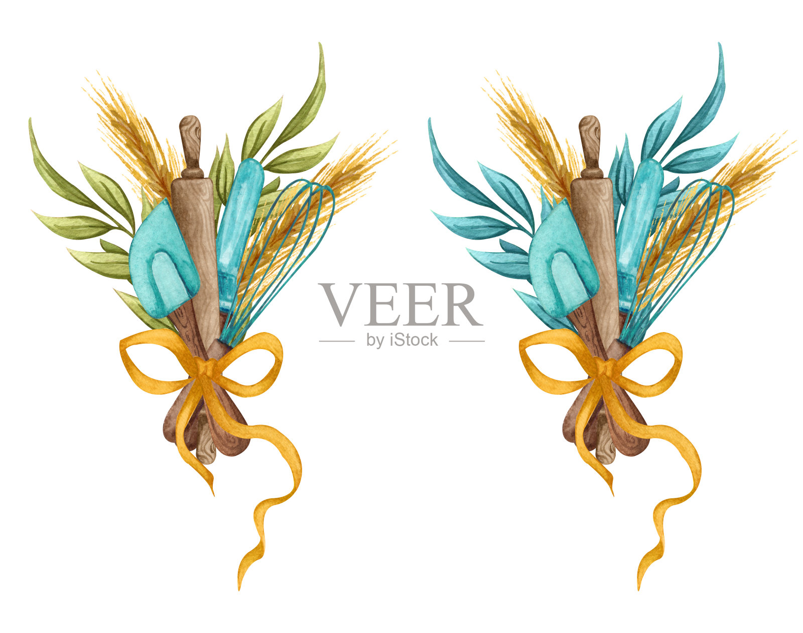 烘烤水彩厨房用具在白色背景上的花卉安排插图。烘焙的标志。插画图片素材