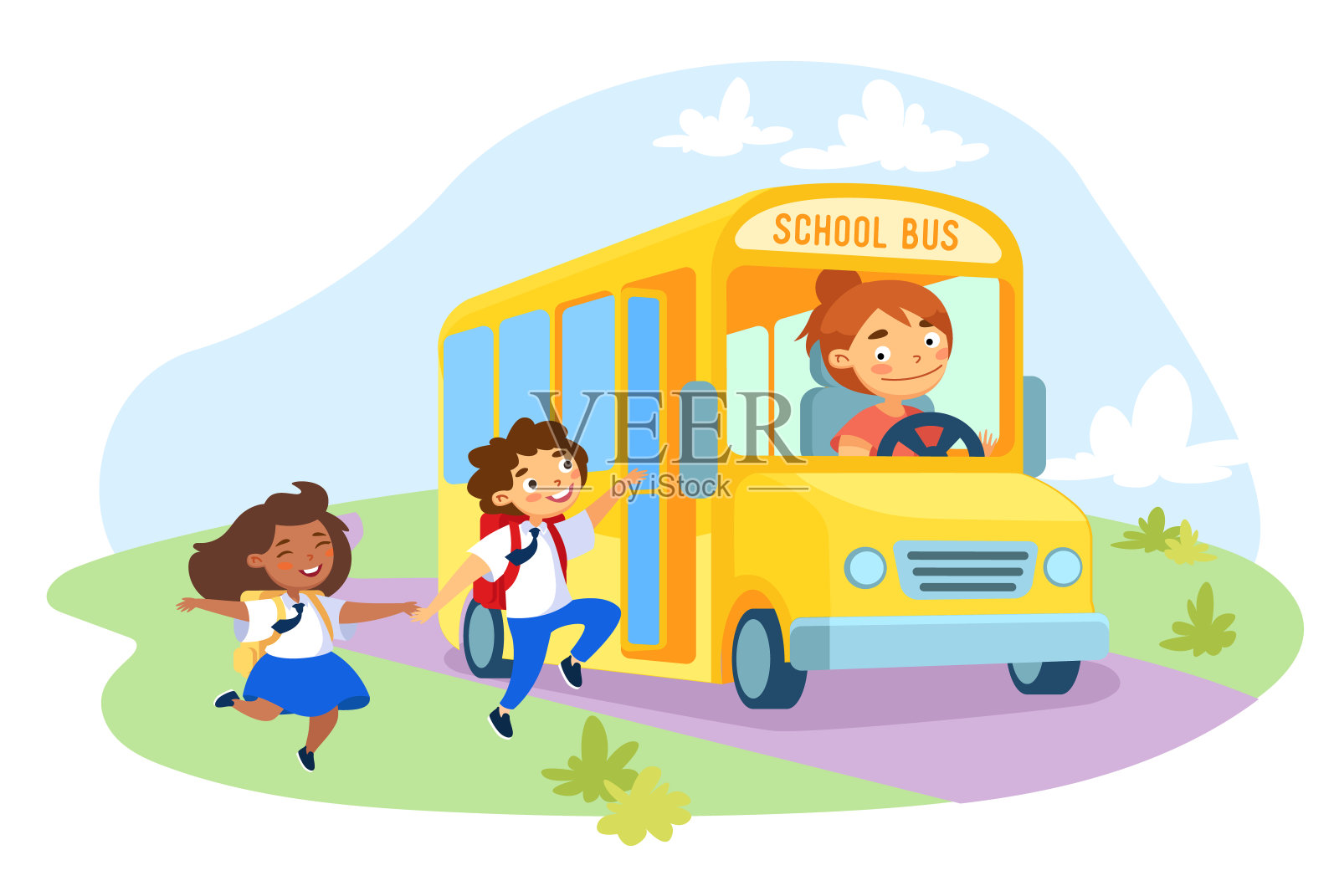 背着背包穿着校服，爬上黄色校车的小学生和女司机手牵着手插画图片素材