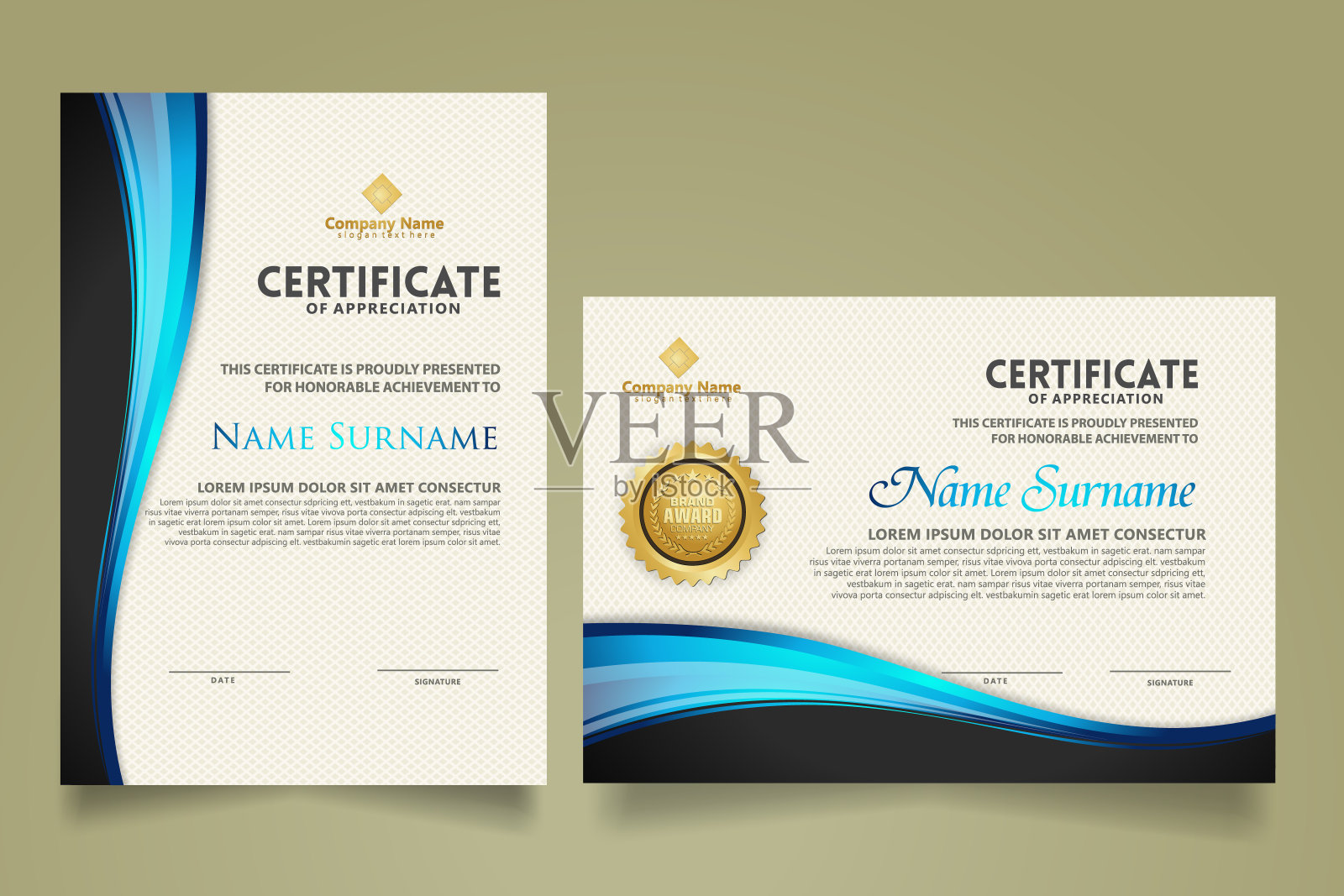 设置垂直和水平证书模板与流动线条装饰和现代纹理图案背景。文凭。矢量图插画图片素材