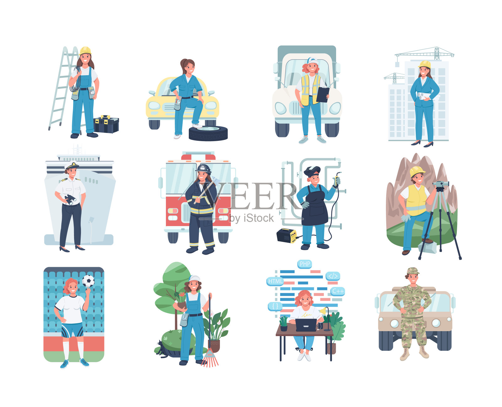 女性就业平色向量详细字符集插画图片素材