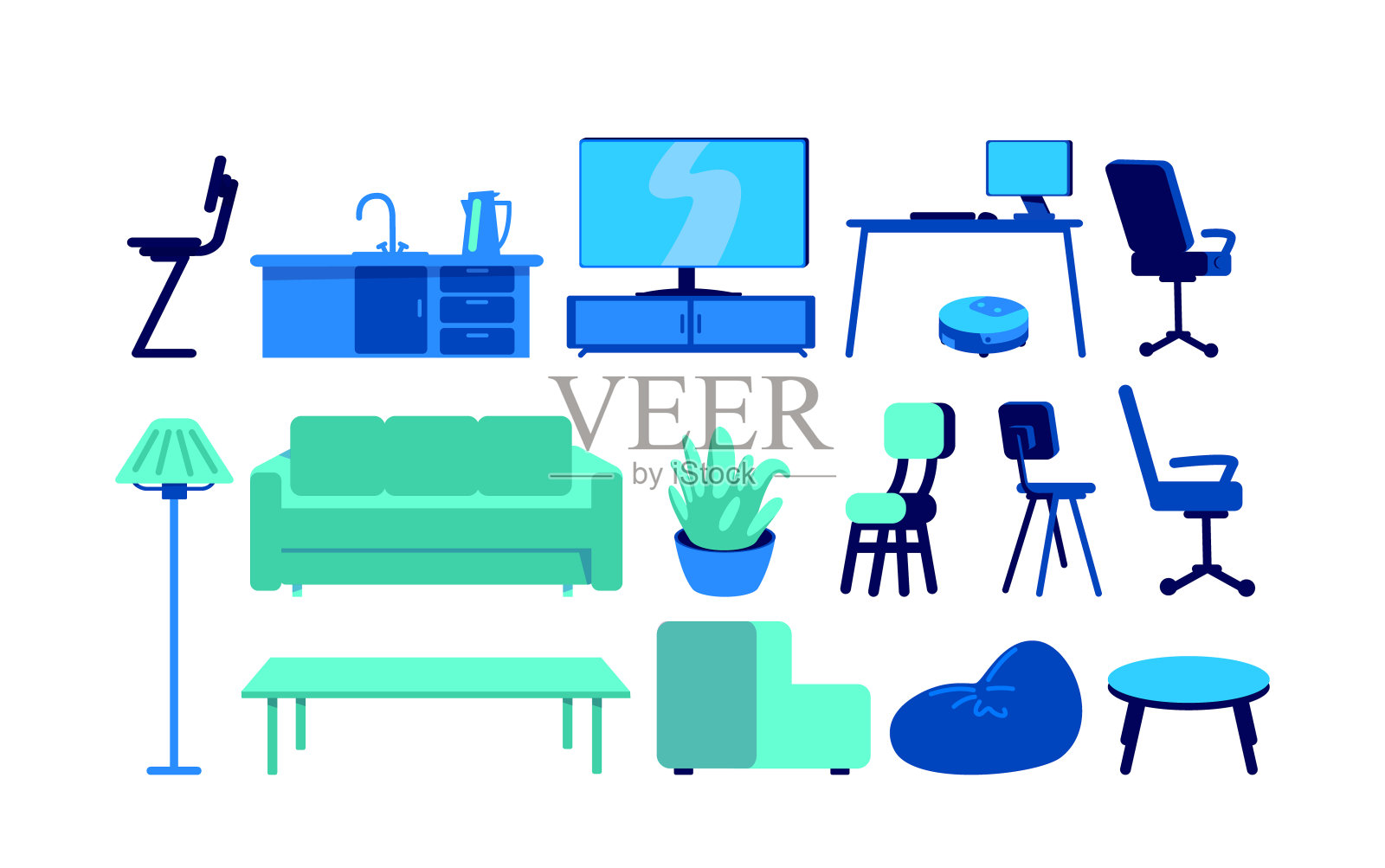 智能家居家具平面颜色矢量对象集插画图片素材