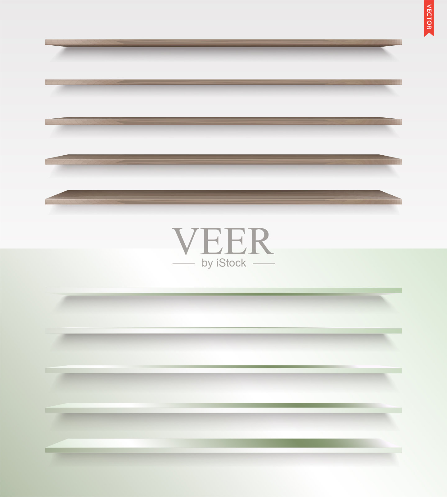 一套玻璃，木材，塑料，金属长货架向量隔离在墙壁背景插画图片素材