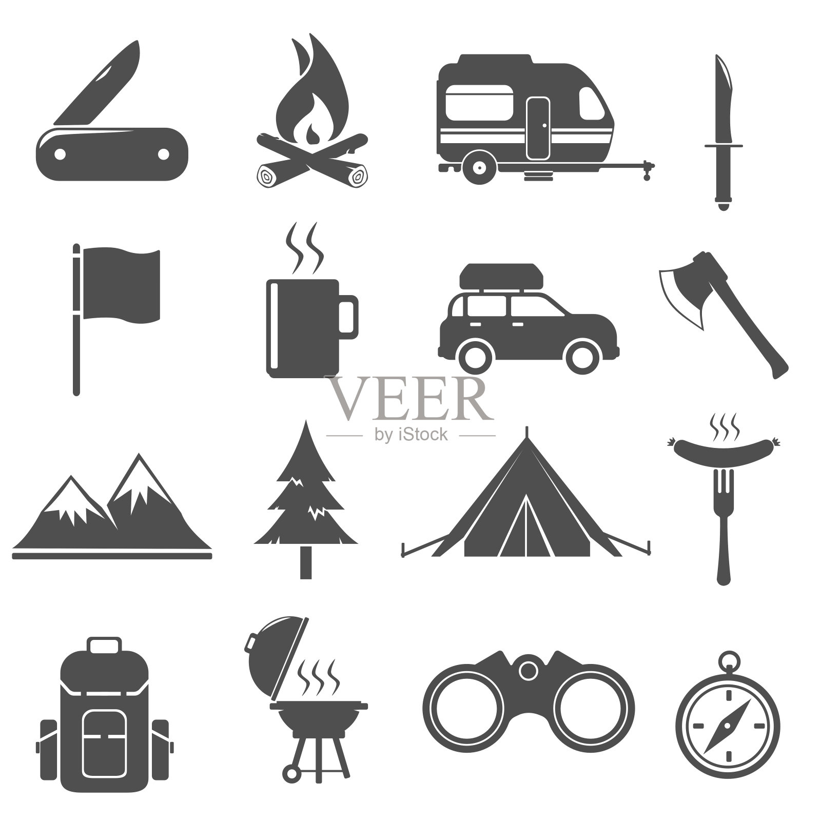 露营图标集矢量插图符号-度假概念。图标素材