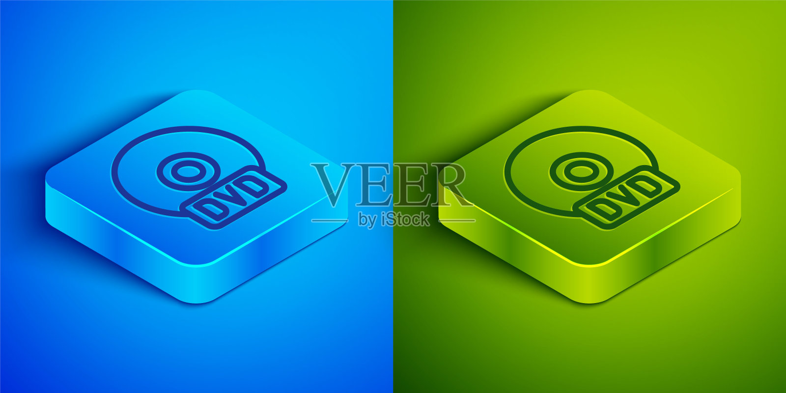 等距线CD或DVD磁盘图标隔离在蓝色和绿色背景。光盘的迹象。方形按钮。矢量图插画图片素材