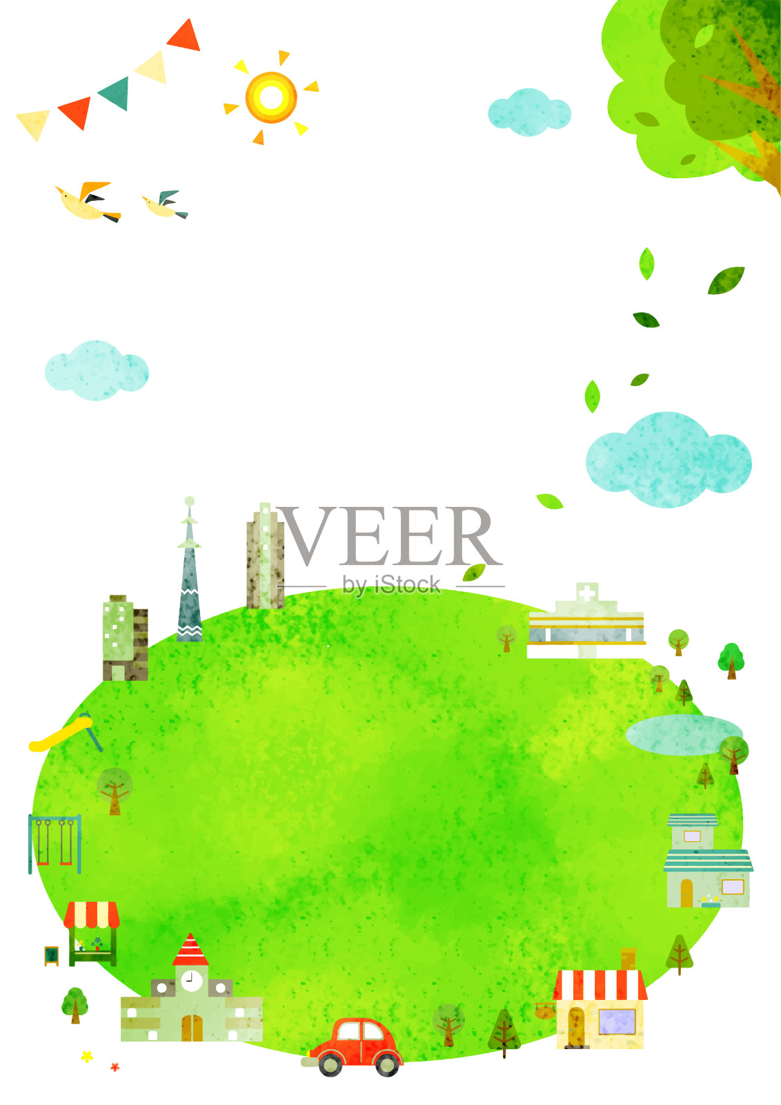 可爱的城市框架，背景，水彩纹理插画图片素材