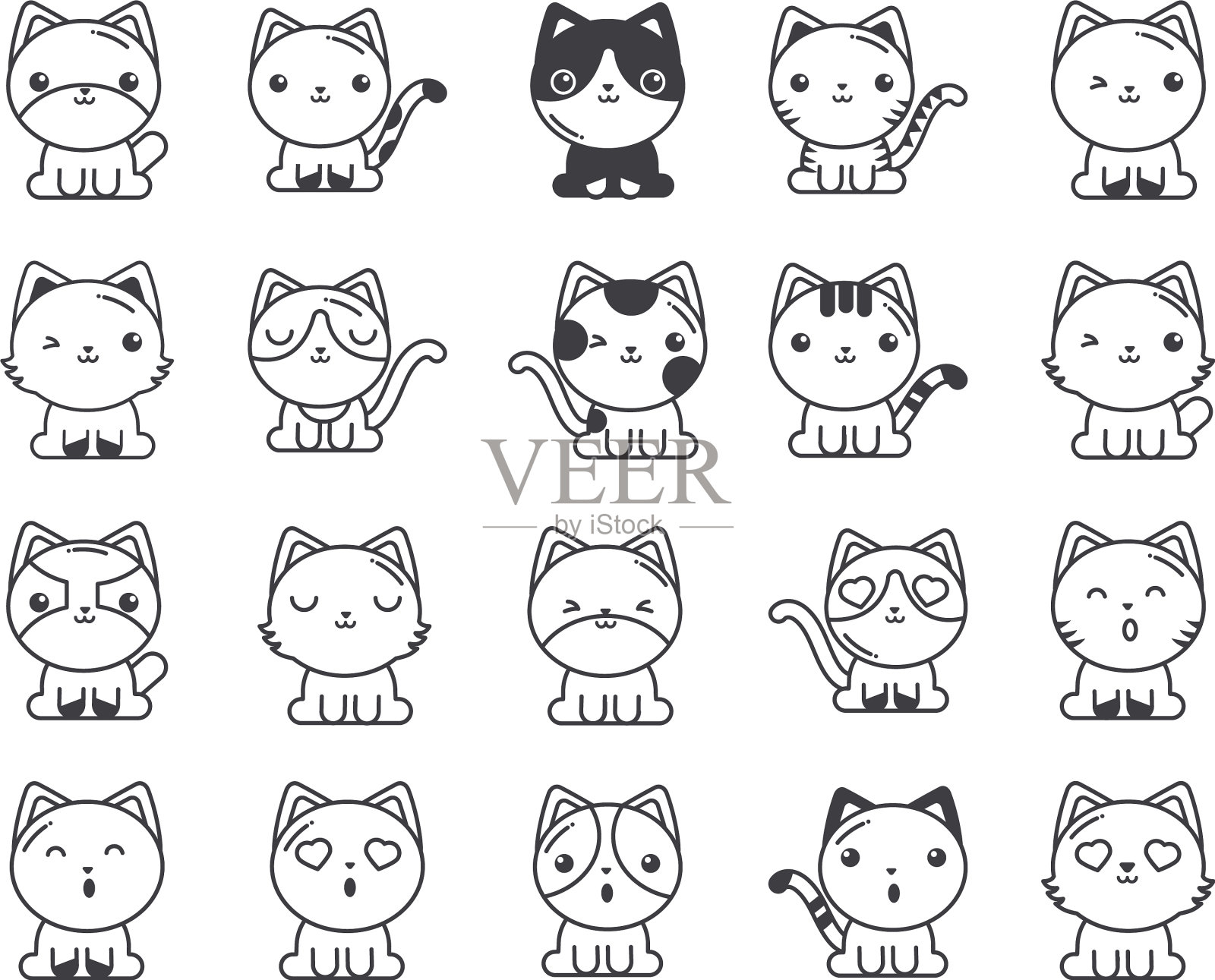 设置可爱的猫在白色的背景线风格图标素材