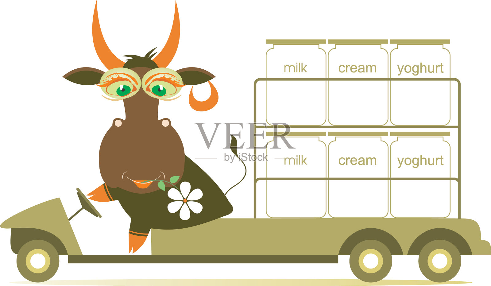 搞笑的奶牛开着一辆装着奶制品的卡车设计元素图片