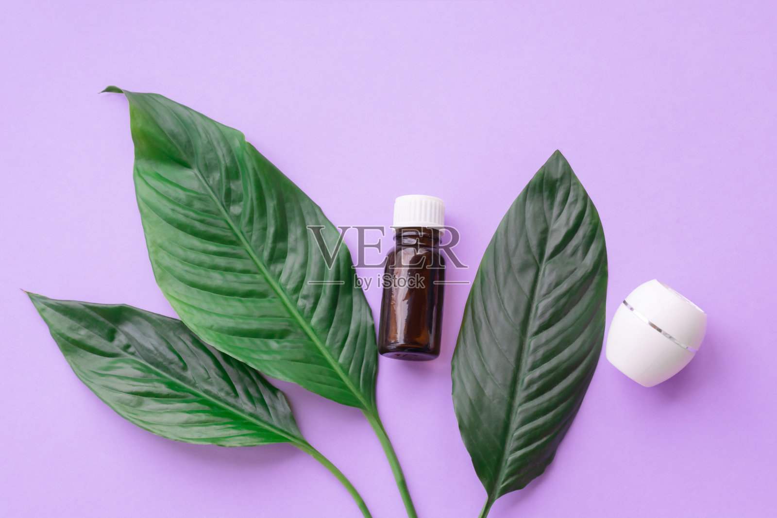 俯视图的瓶油精华和奶油旁边的绿色天然大叶子。水疗和美容程序的概念。照片摄影图片