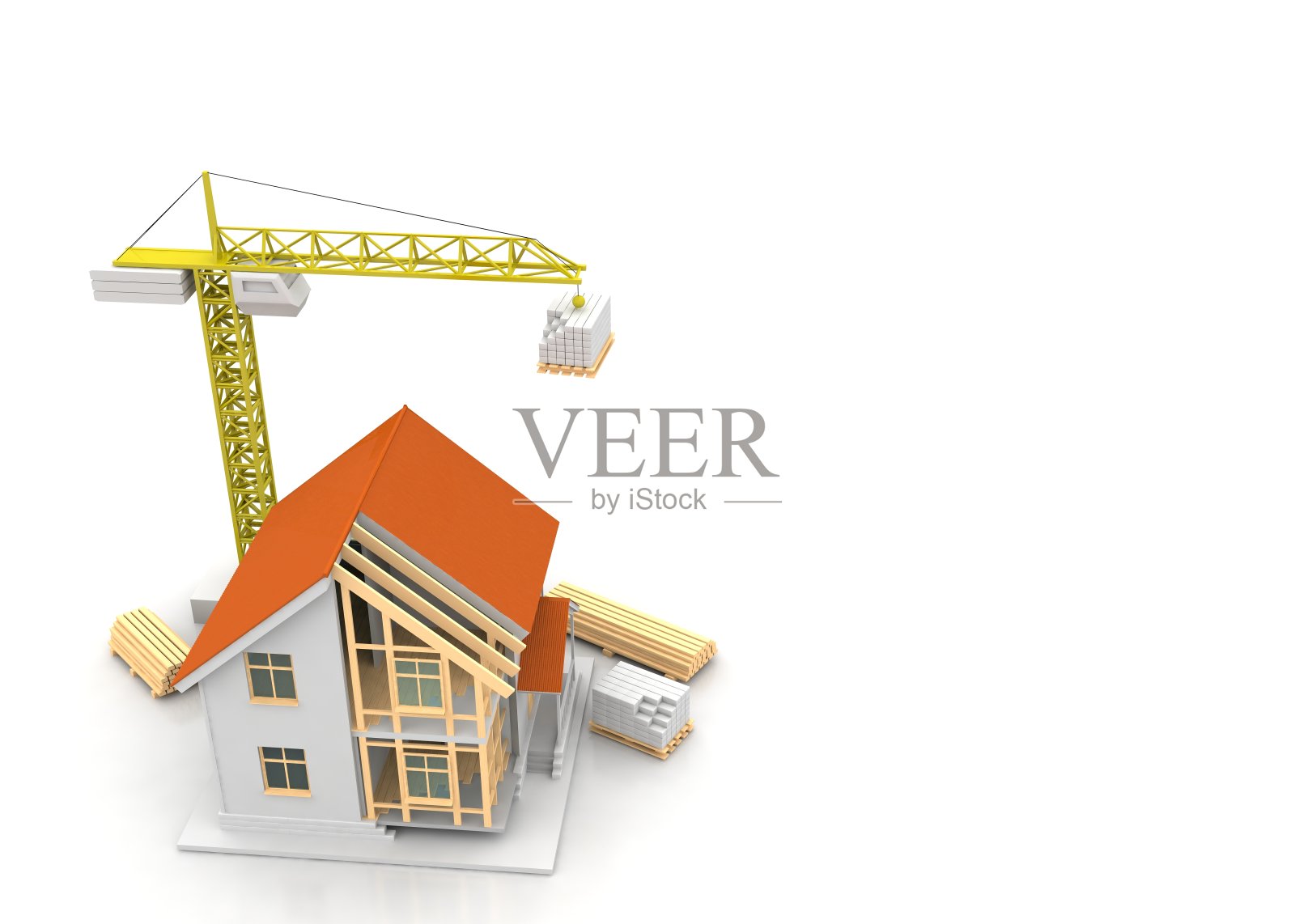 房子的3d渲染插图与开放的内部顶部。蓝图，文件，起重机和抵押贷款计算。照片摄影图片