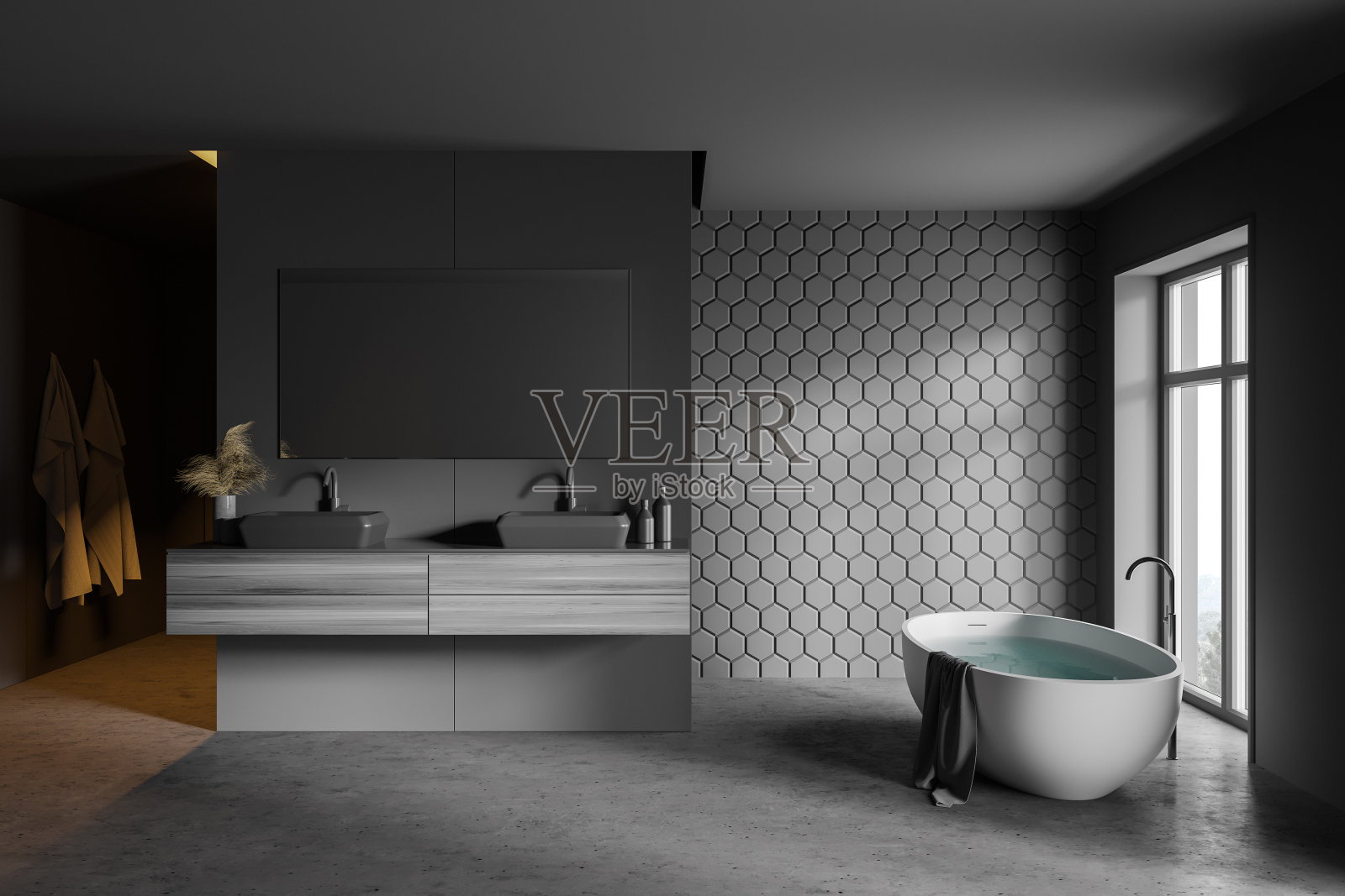 灰色蜂窝瓷砖浴室内部照片摄影图片