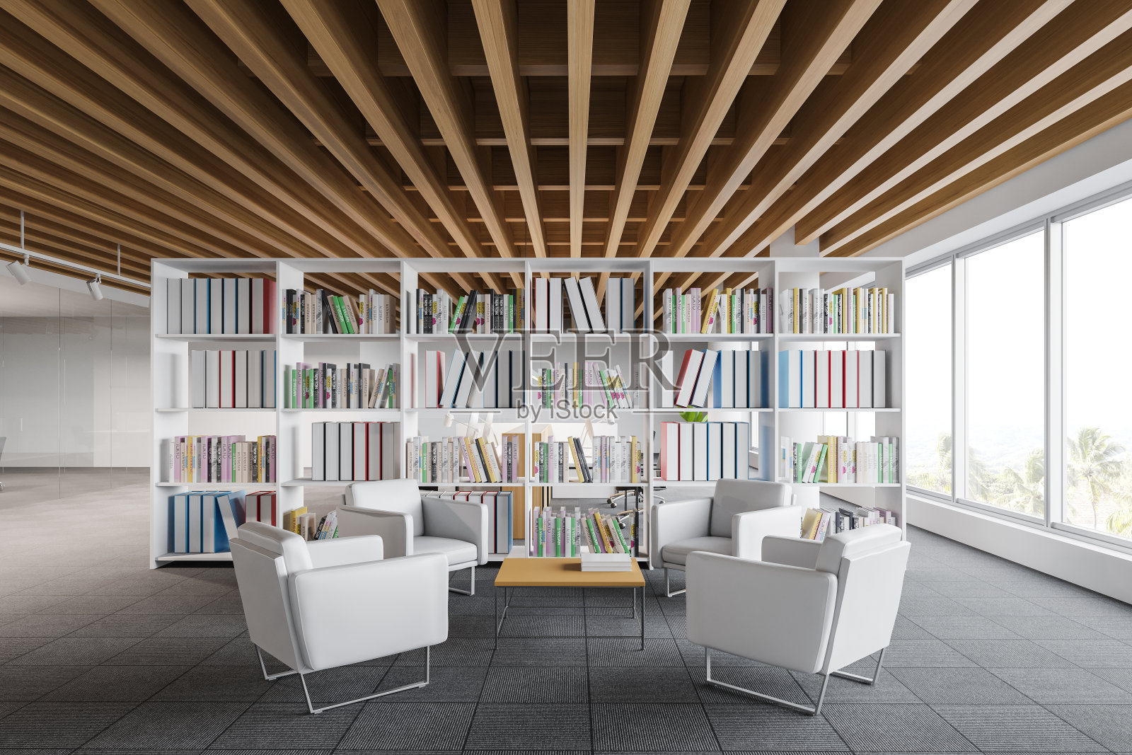 白色的办公室等候室内部有书柜照片摄影图片