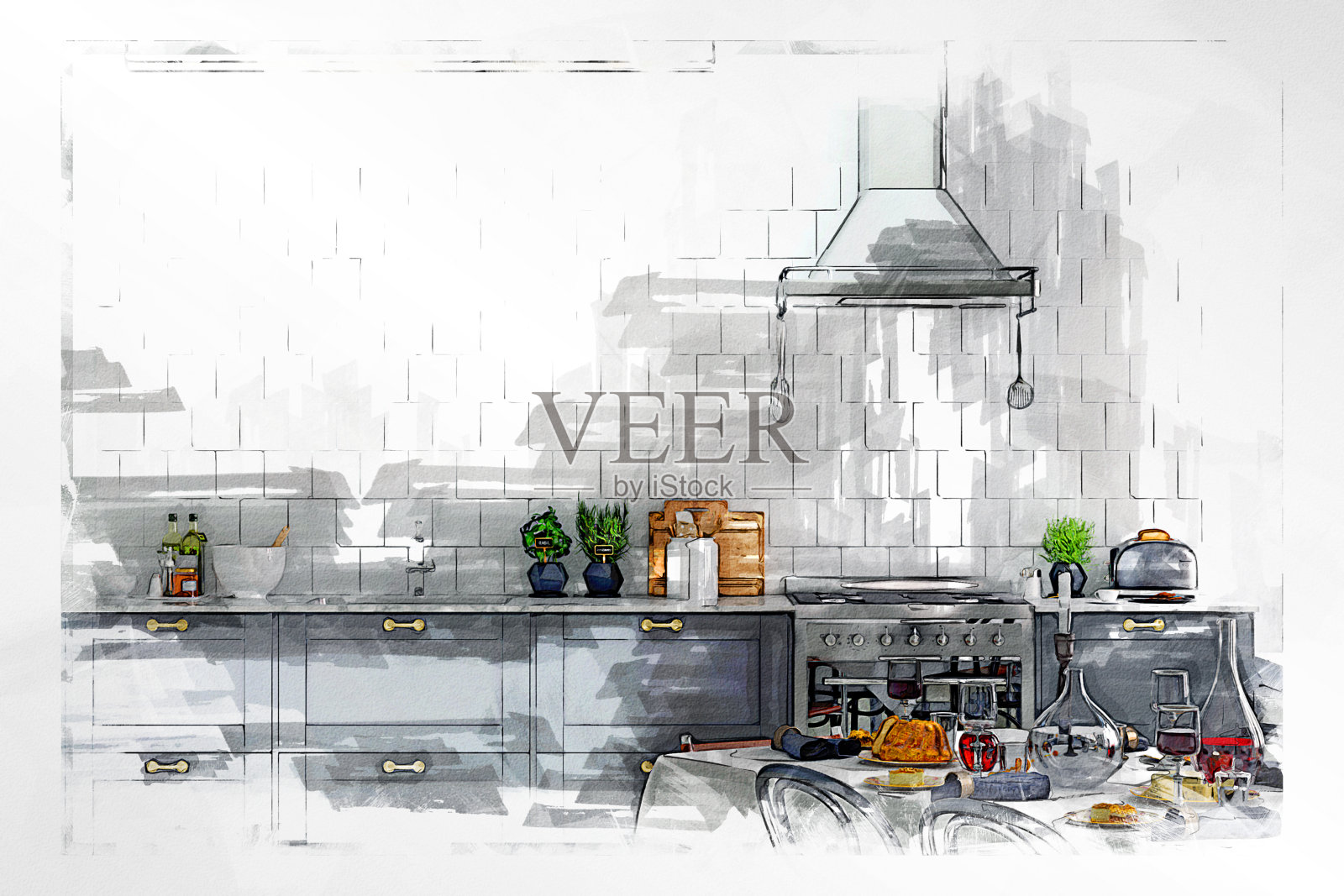 空的经典厨房素描与马克笔照片摄影图片