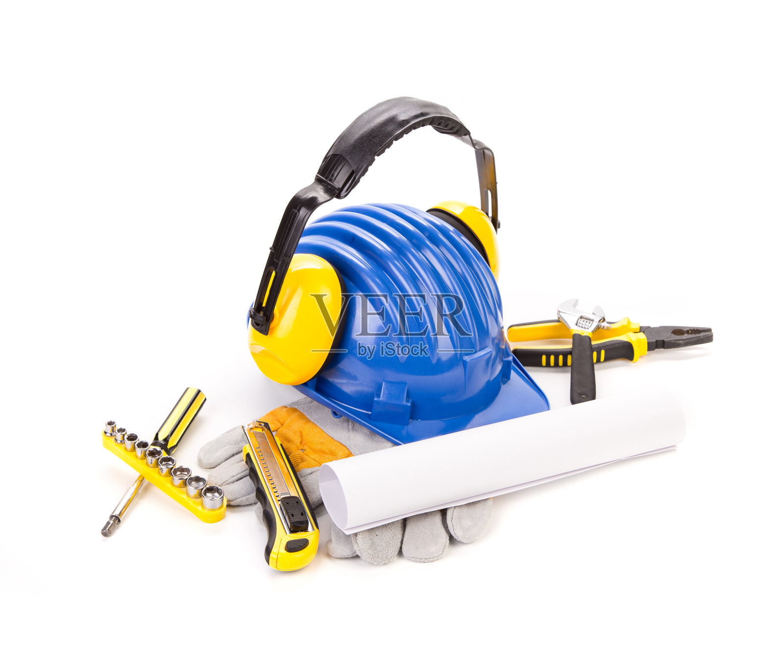 有保护设备和工作工具的静物生活。照片摄影图片