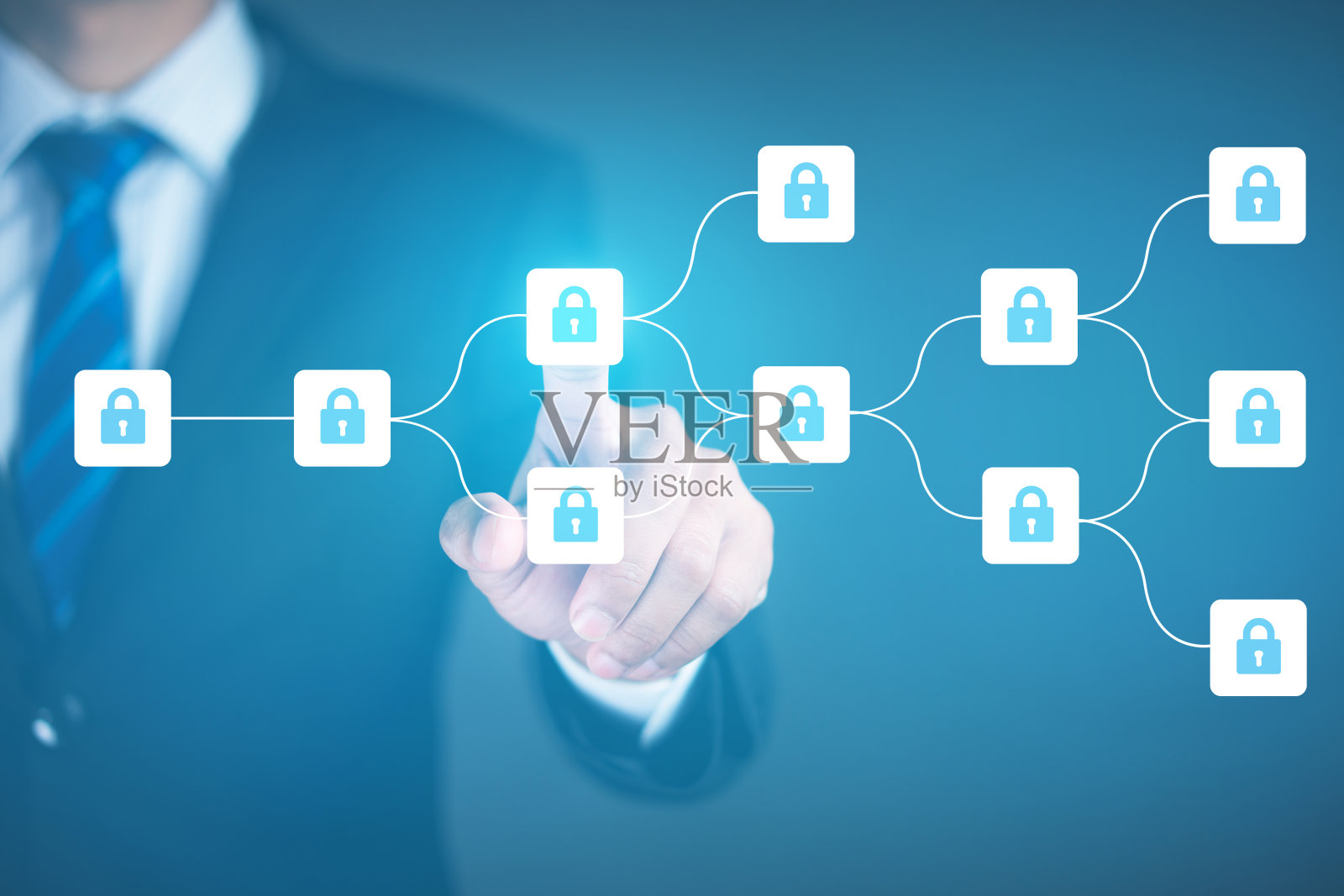 触摸加密区块链的商人，金融加密货币，区块链技术概念。照片摄影图片