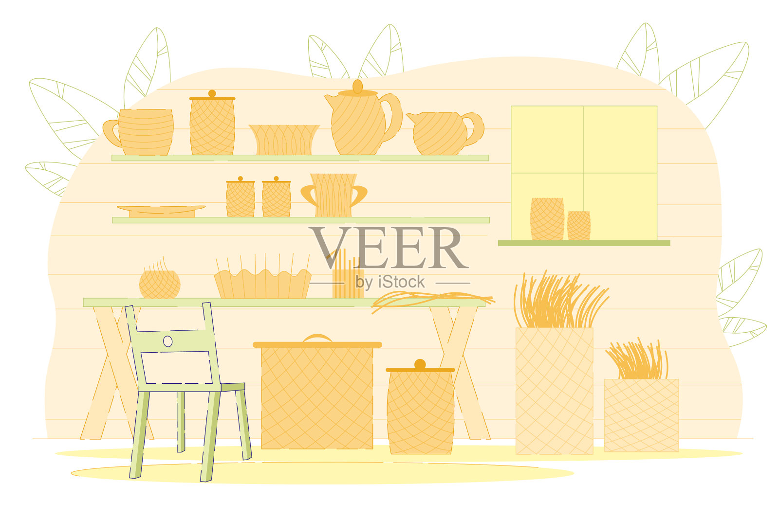 柳条制品使各种编织物品变平插画图片素材