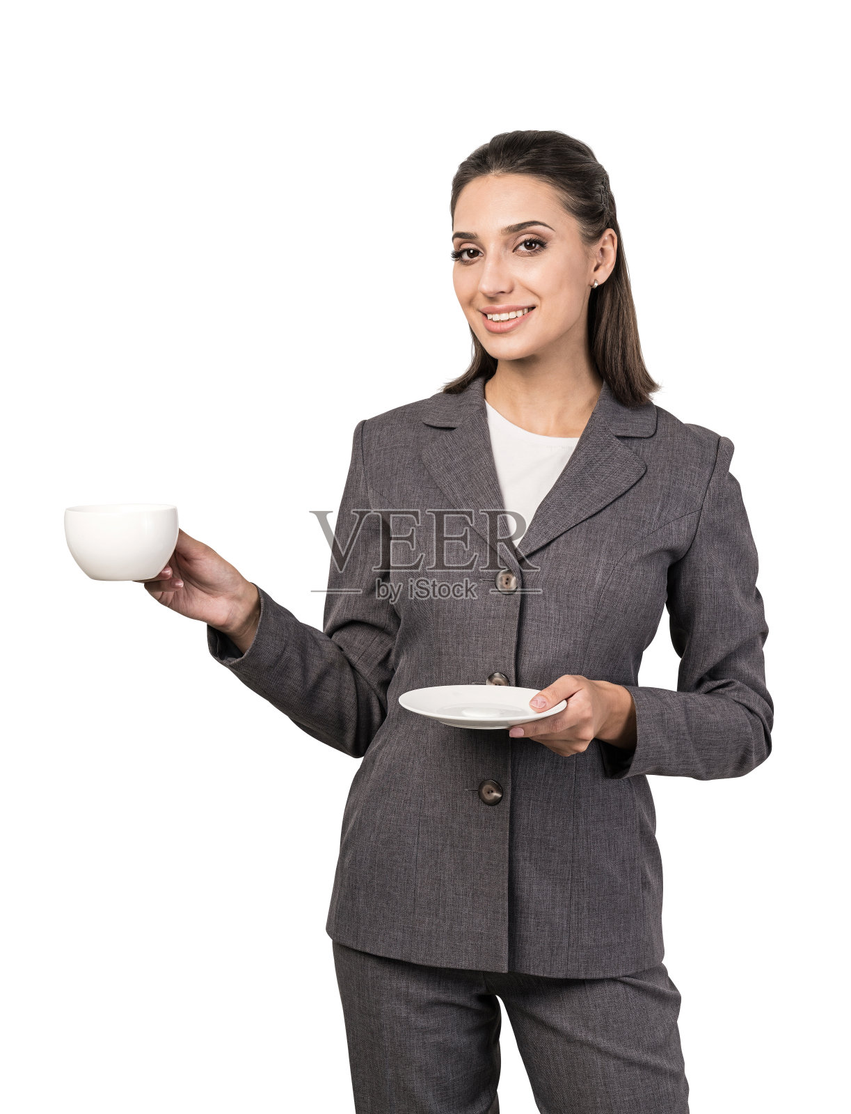 微笑着喝咖啡的女商人，孤身一人照片摄影图片