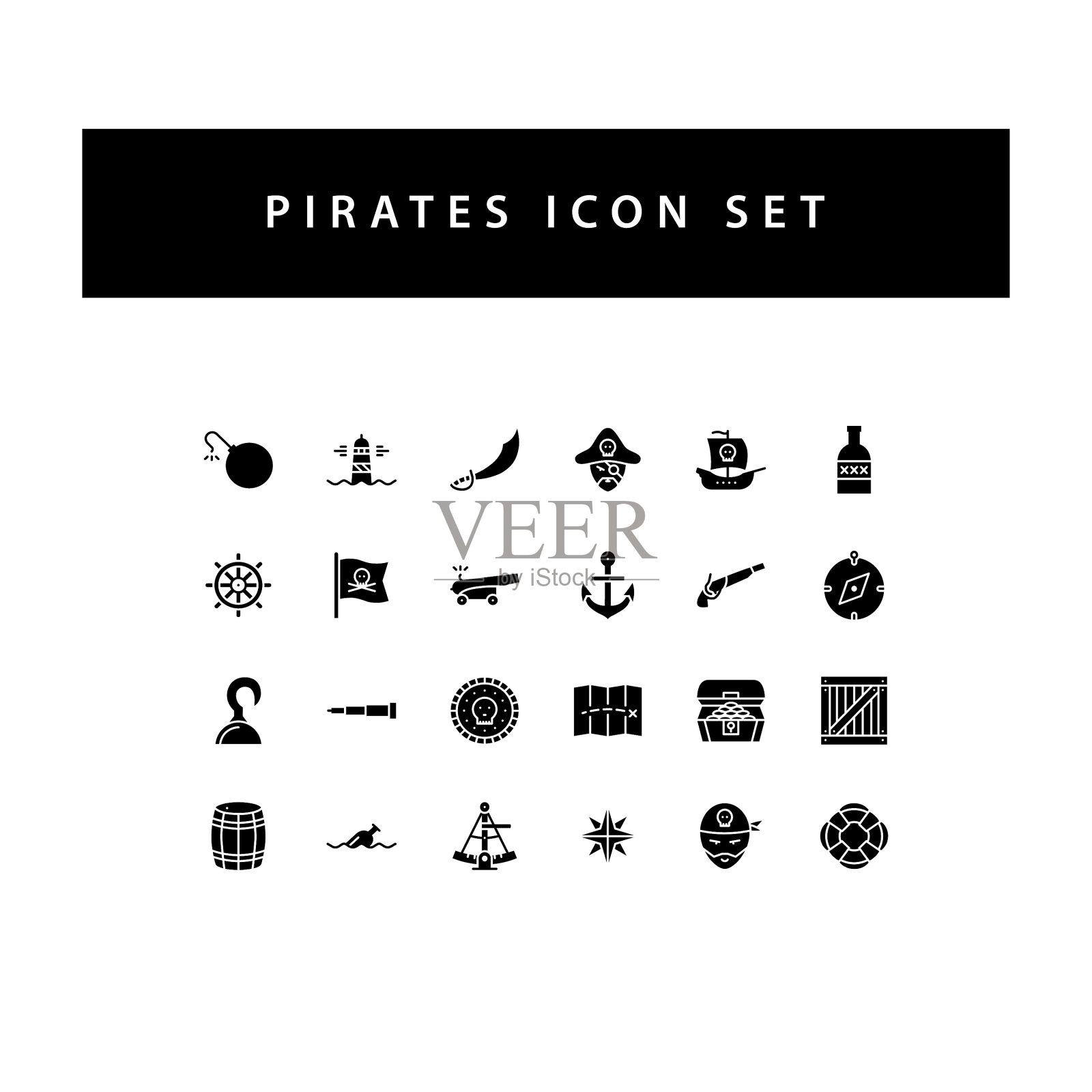 海盗图标设置与黑色象形文字风格图标素材