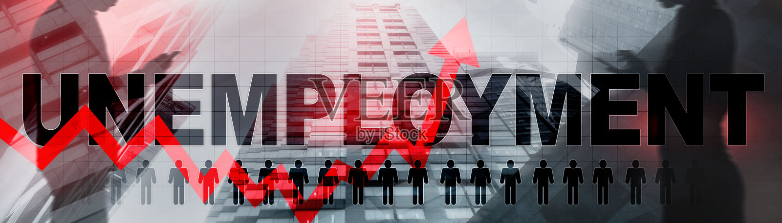不断上升的失业率。红色箭头。2020年金融危机概念。照片摄影图片