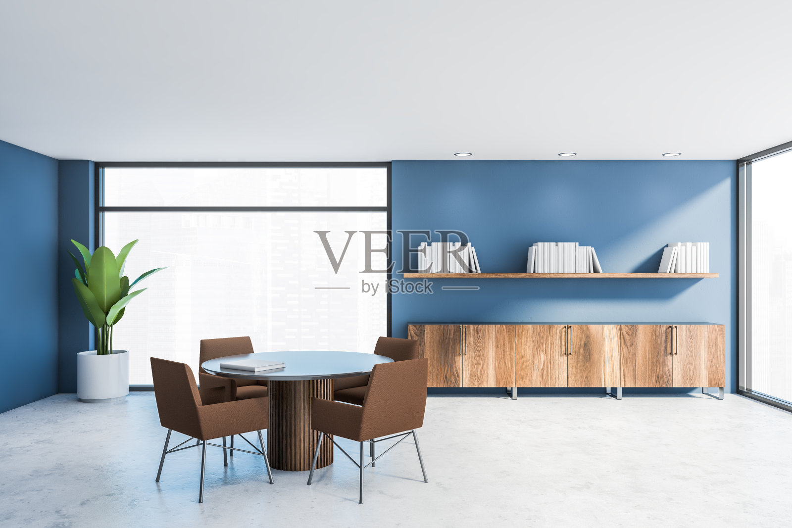 蓝色时尚的家庭图书馆内部配备橱柜照片摄影图片