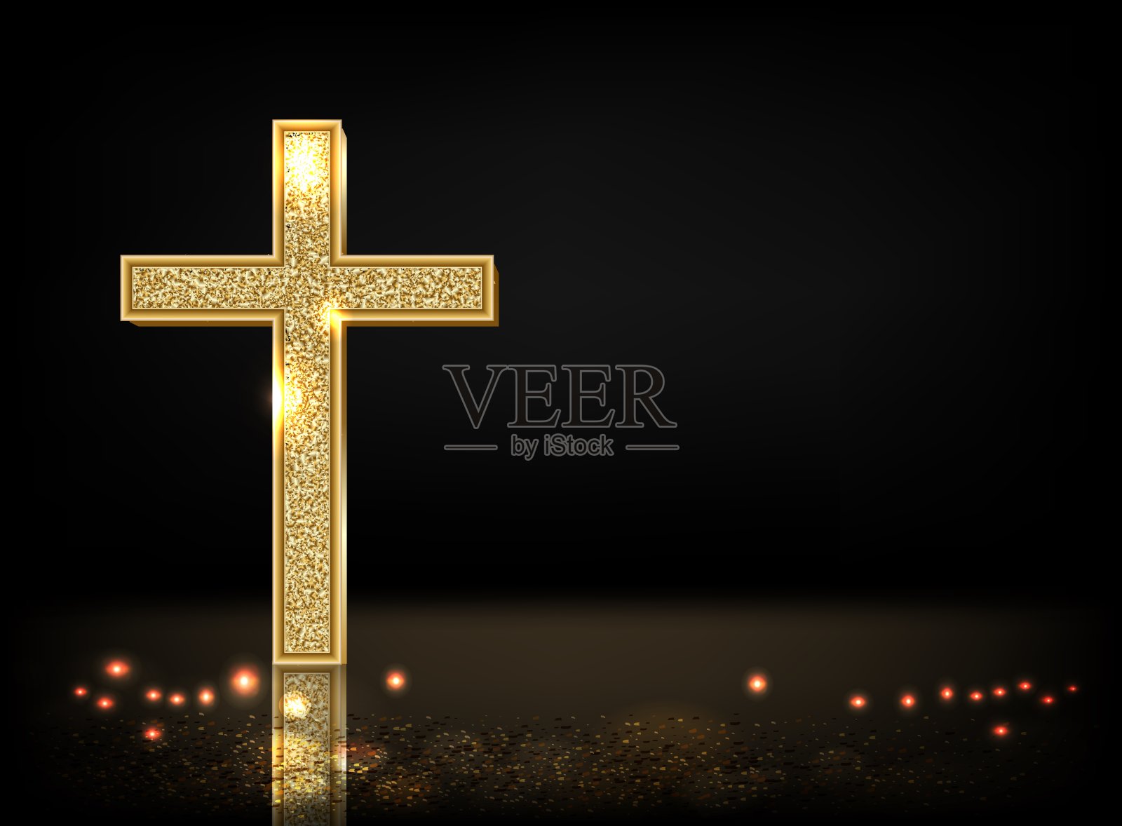 黄金祈祷交叉现实的矢量插图。黑色背景上的贵金属宝石。插画图片素材