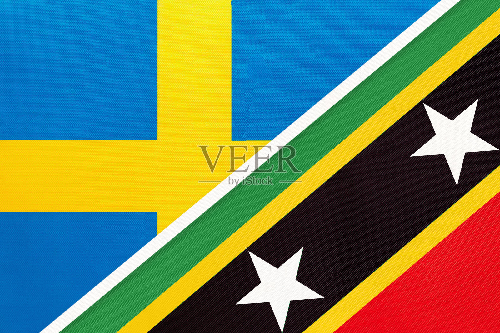 瑞典和圣基茨和尼维斯的国旗象征纺织品。两国之间的冠军。插画图片素材