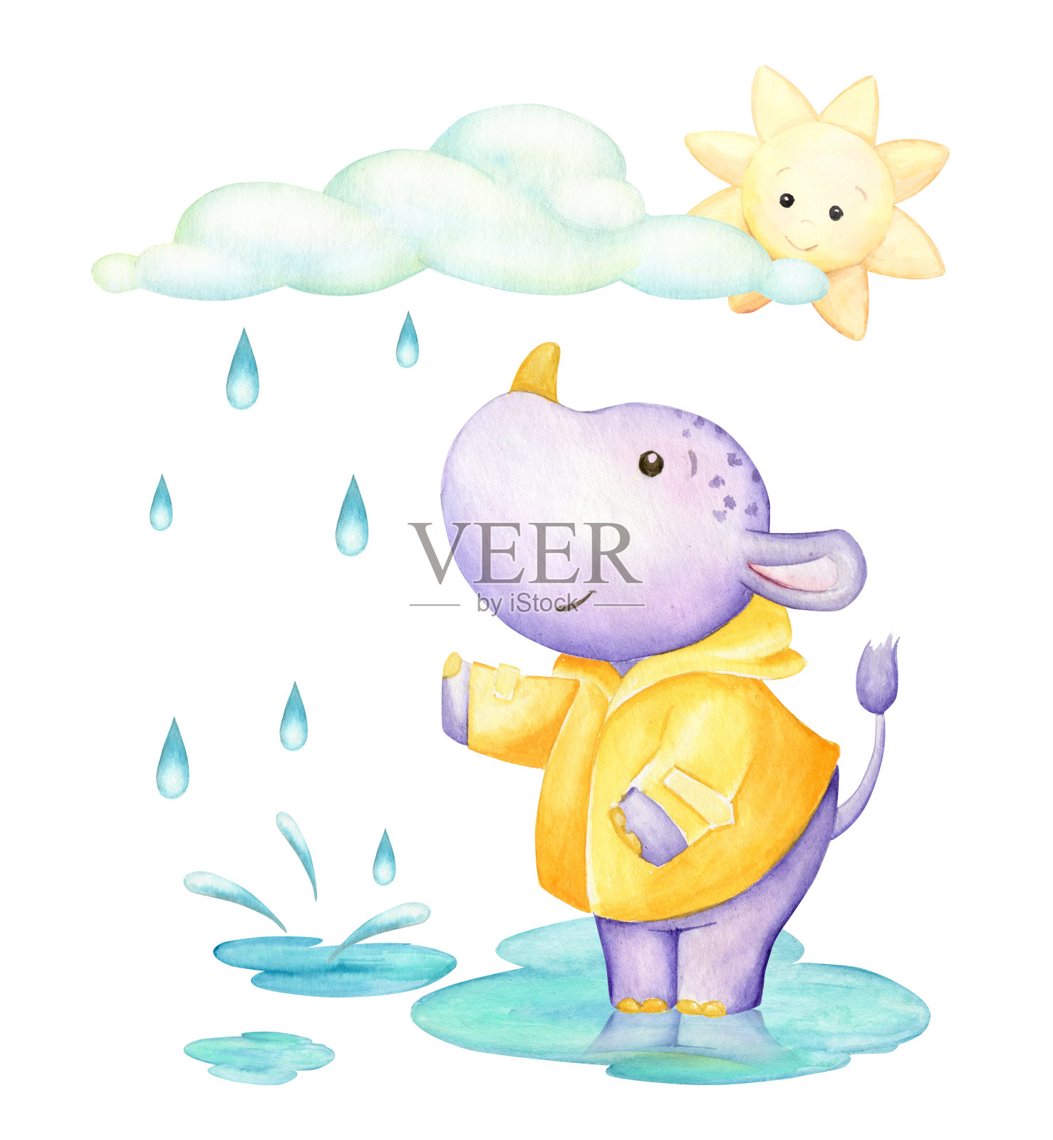 河马，一个穿着橙色外套的禁欲主义者，抬起头来。水彩画一个可爱的热带动物卡通风格在一个孤立的背景。插画图片素材