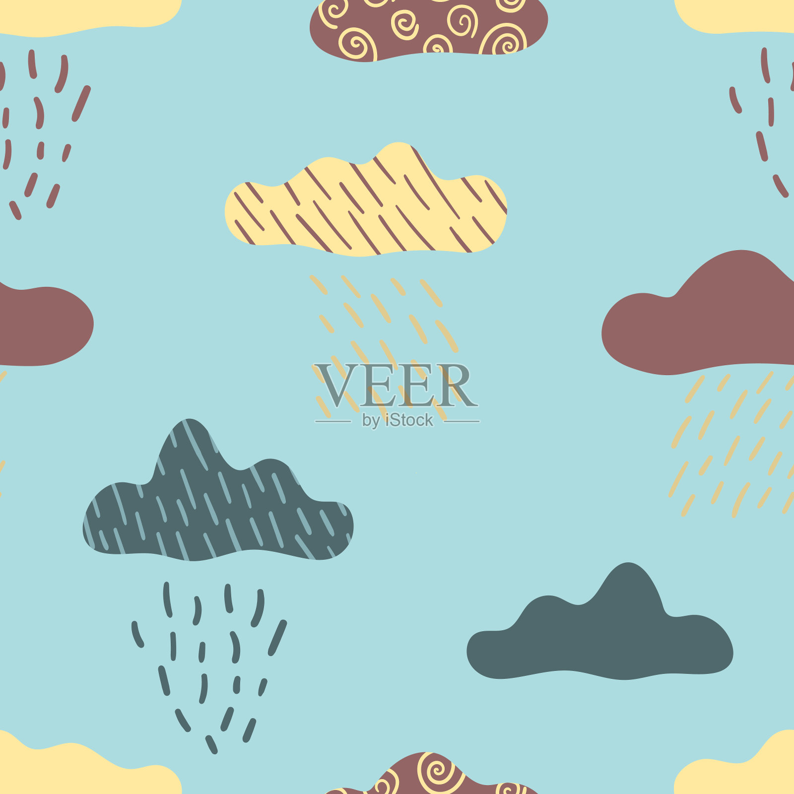 向量儿童的模式与云和雨滴在白色的背景。插画图片素材