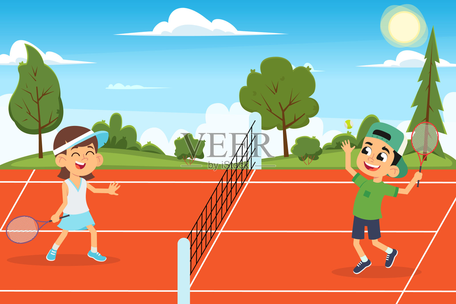 有趣的孩子们在公开场地上打网球。插画图片素材