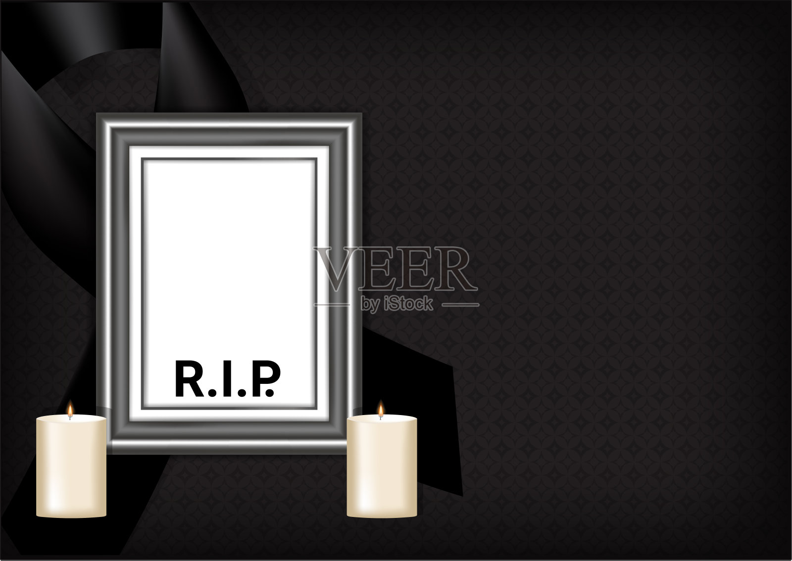 模拟哀悼符号与黑色尊重丝带，框架和蜡烛的纹理背景旗帜。安息吧葬礼卡片矢量插图。插画图片素材