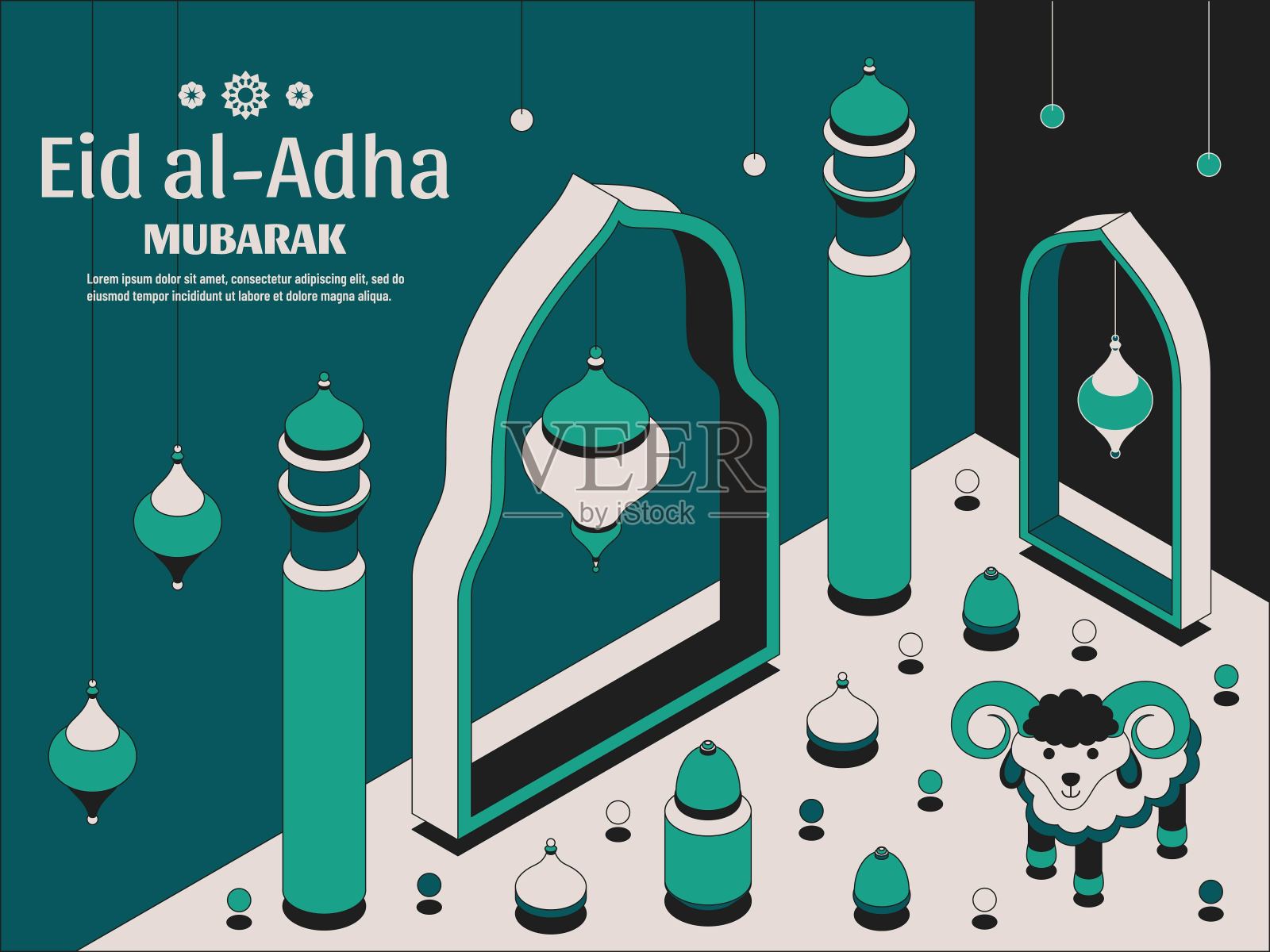 古尔邦节背景等距。伊斯兰阿拉伯清真寺，灯笼和羊。贺卡。祭祀节。矢量图设计模板素材
