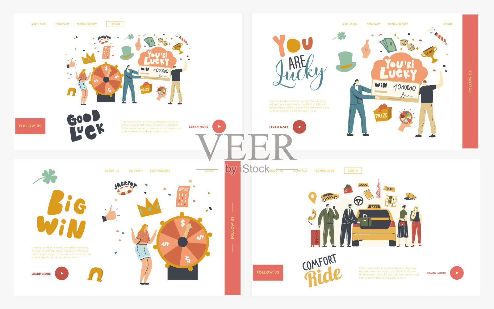 幸运和财富，出租车服务着陆页面模板集。角色赢了彩票和抽奖，赢得头奖插画图片素材
