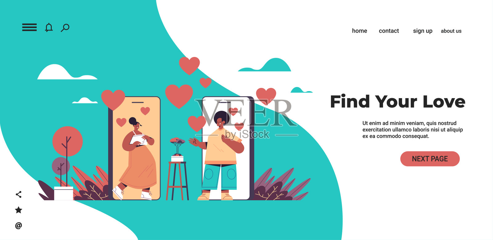 男女在智能手机屏幕上使用在线手机约会应用程序，在虚拟会议中讨论插画图片素材