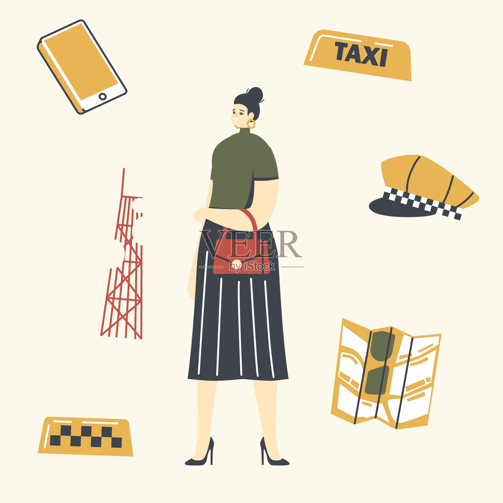 的士服务概念。女乘客角色与司机黄色帽子，汽车检查，智能手机和城市地图等待汽车插画图片素材