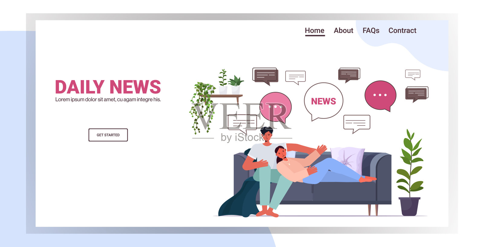 情侣在沙发上讨论时事新闻聊天沟通插画图片素材