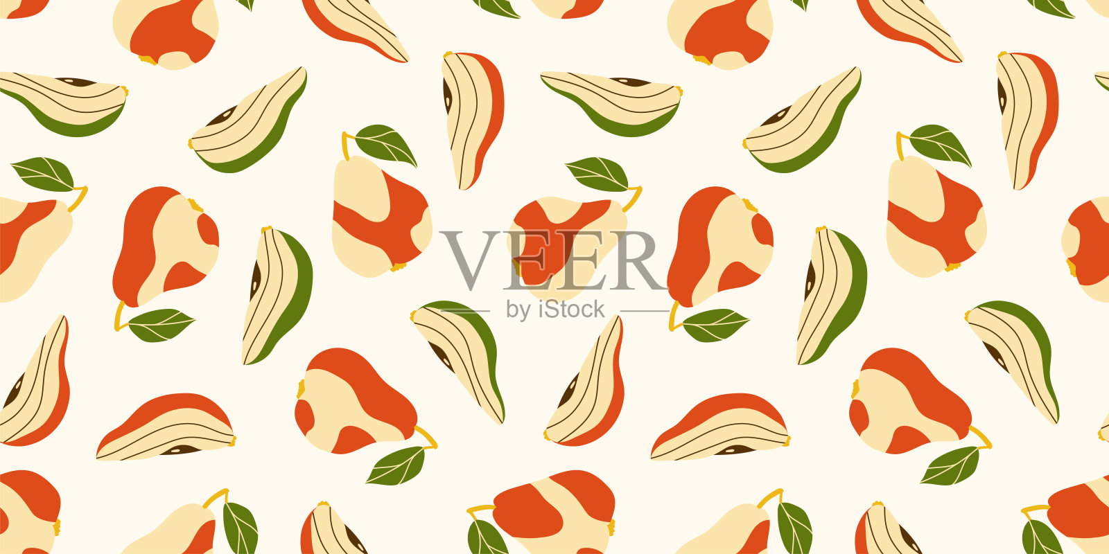 米黄色的梨和绿色的叶子。整体和部分。明亮的颜色与水果插图。无缝图案设计，印刷产品，纺织品。秋和夏的动机。插画图片素材