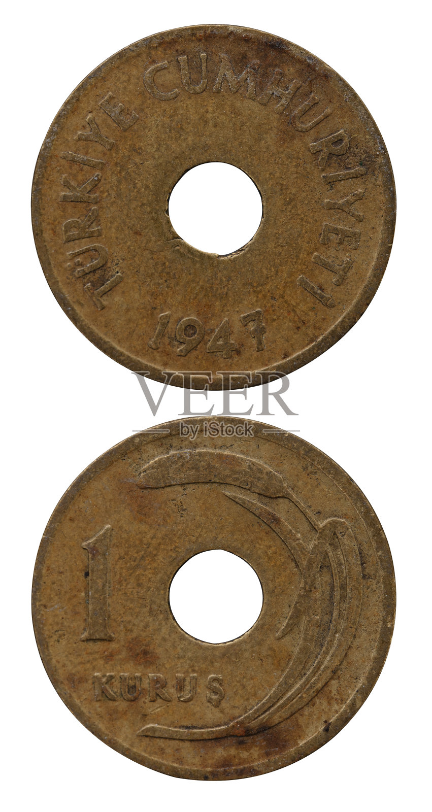 一个古老的土耳其人Kuruş硬币İsolated在白色照片摄影图片