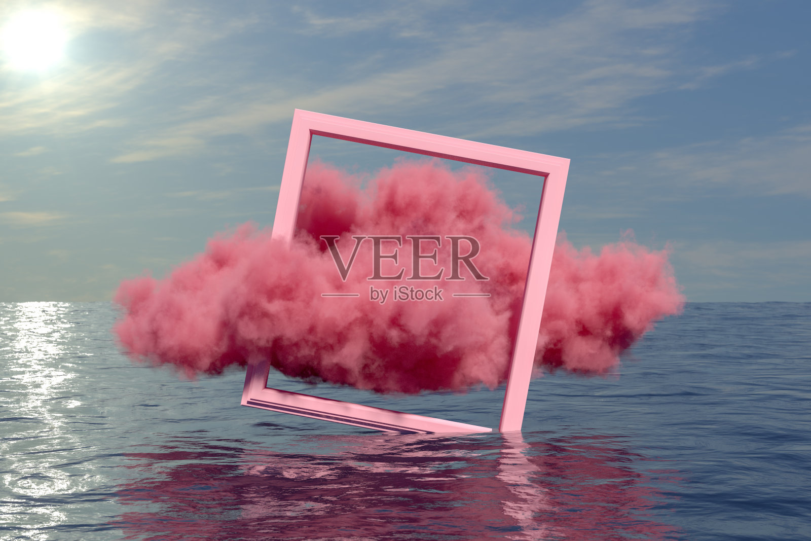 镜框和粉红色的云在海上照片摄影图片